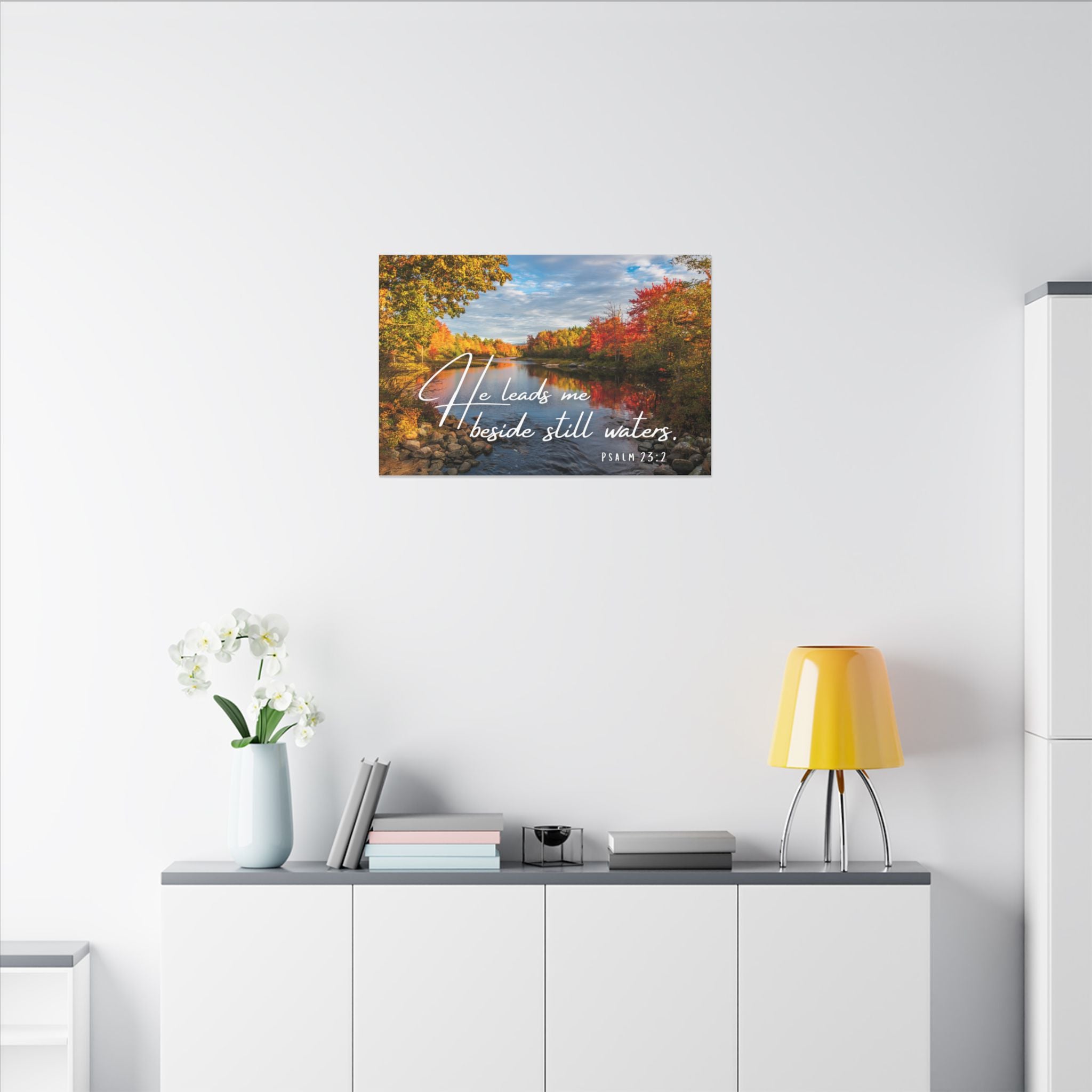 He Leads Me Beside Still Waters Matte Canvas Wall Art — Psalm 23:2 Autumn River Religious Decor