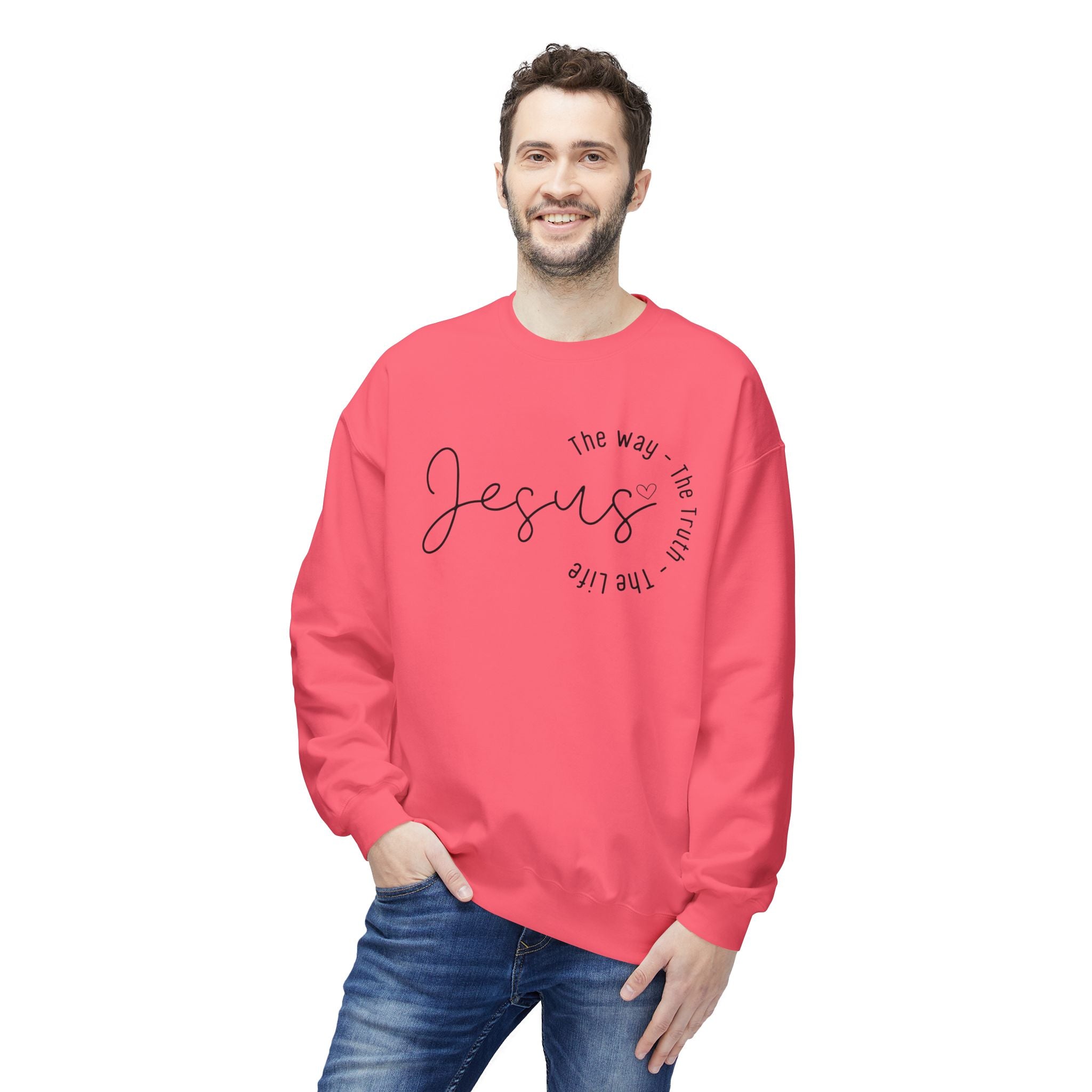 Jesus Circle Script Crewneck Sweatshirt — "Jesus: The Way, The Truth, The Life" Christian Pullover