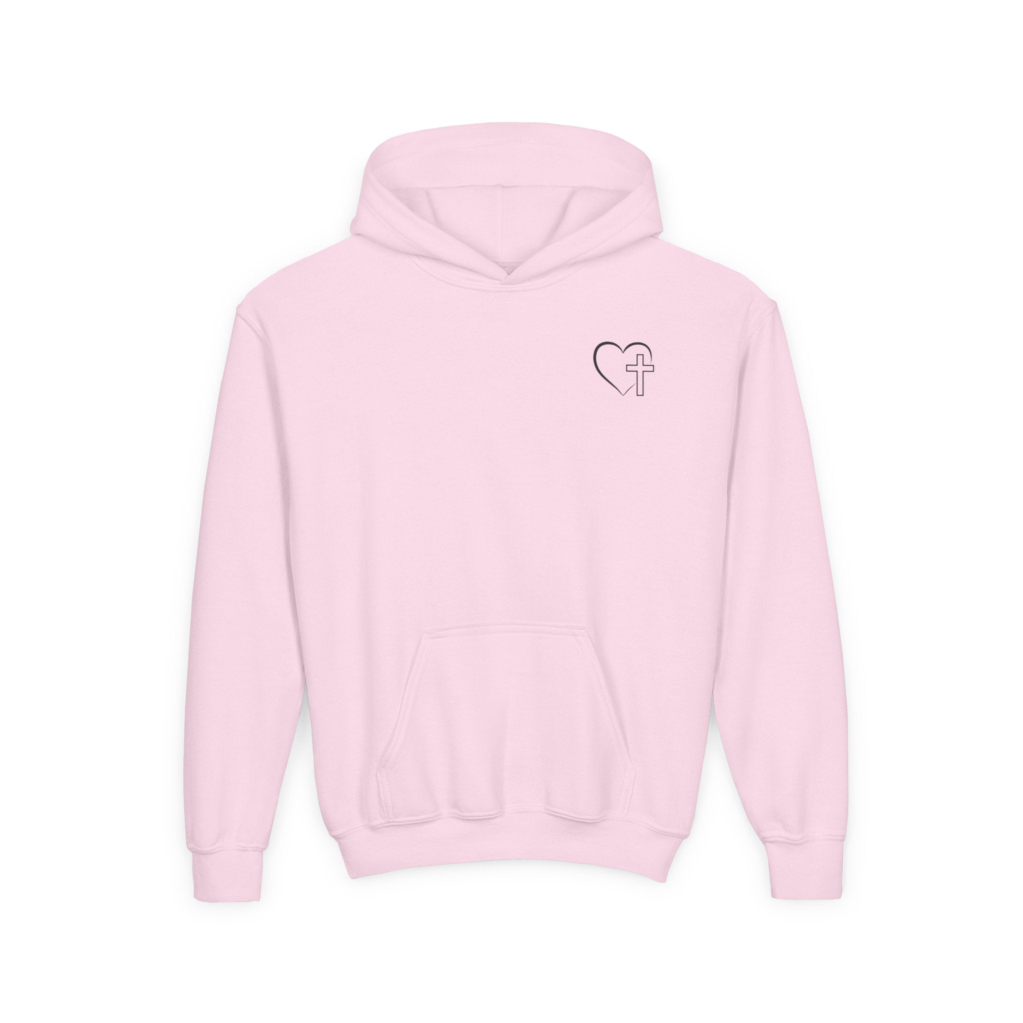 Youth Hoodie — "Jesus Has My Back" Christian Heart Cross Sweatshirt