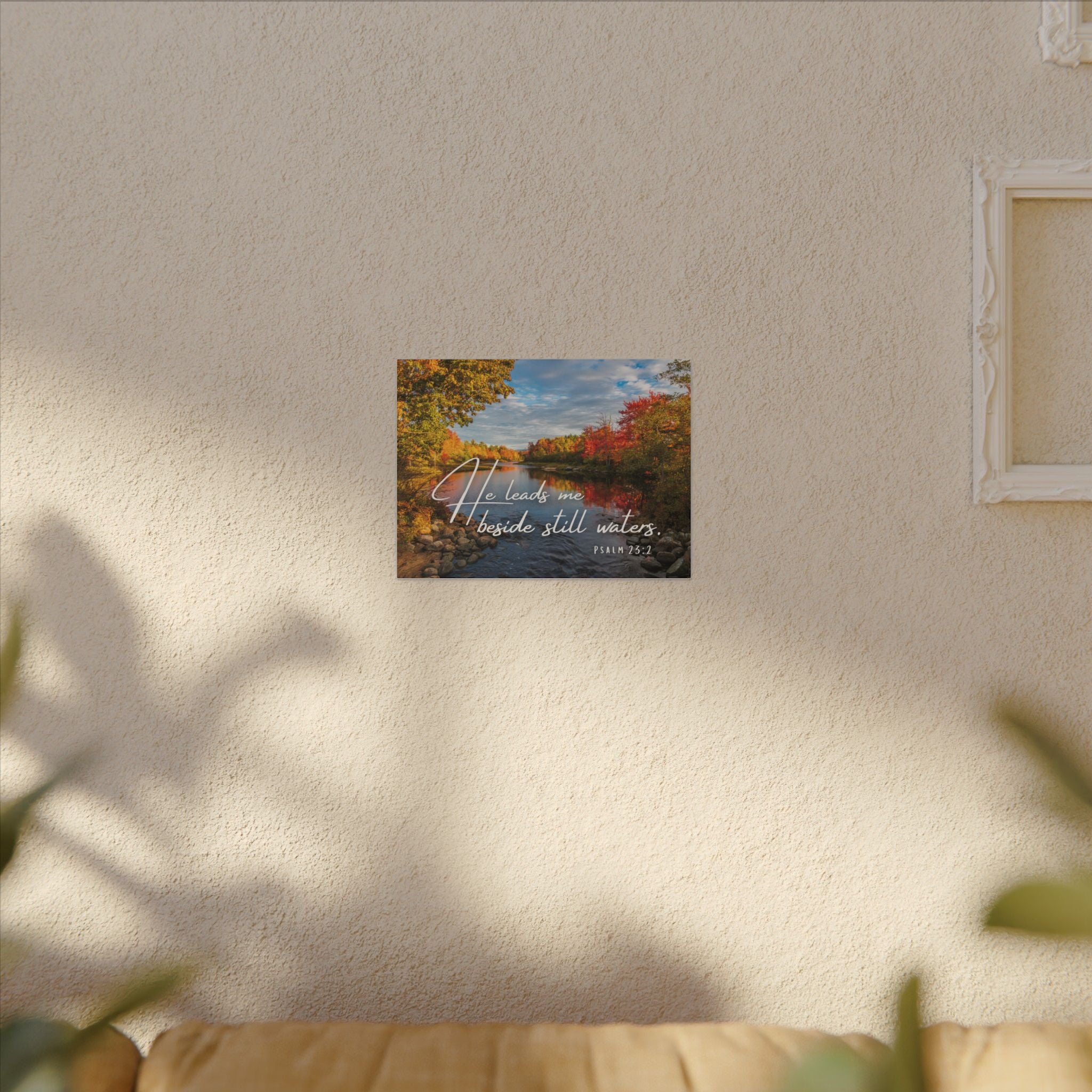 He Leads Me Beside Still Waters Matte Canvas Wall Art — Psalm 23:2 Autumn River Religious Decor