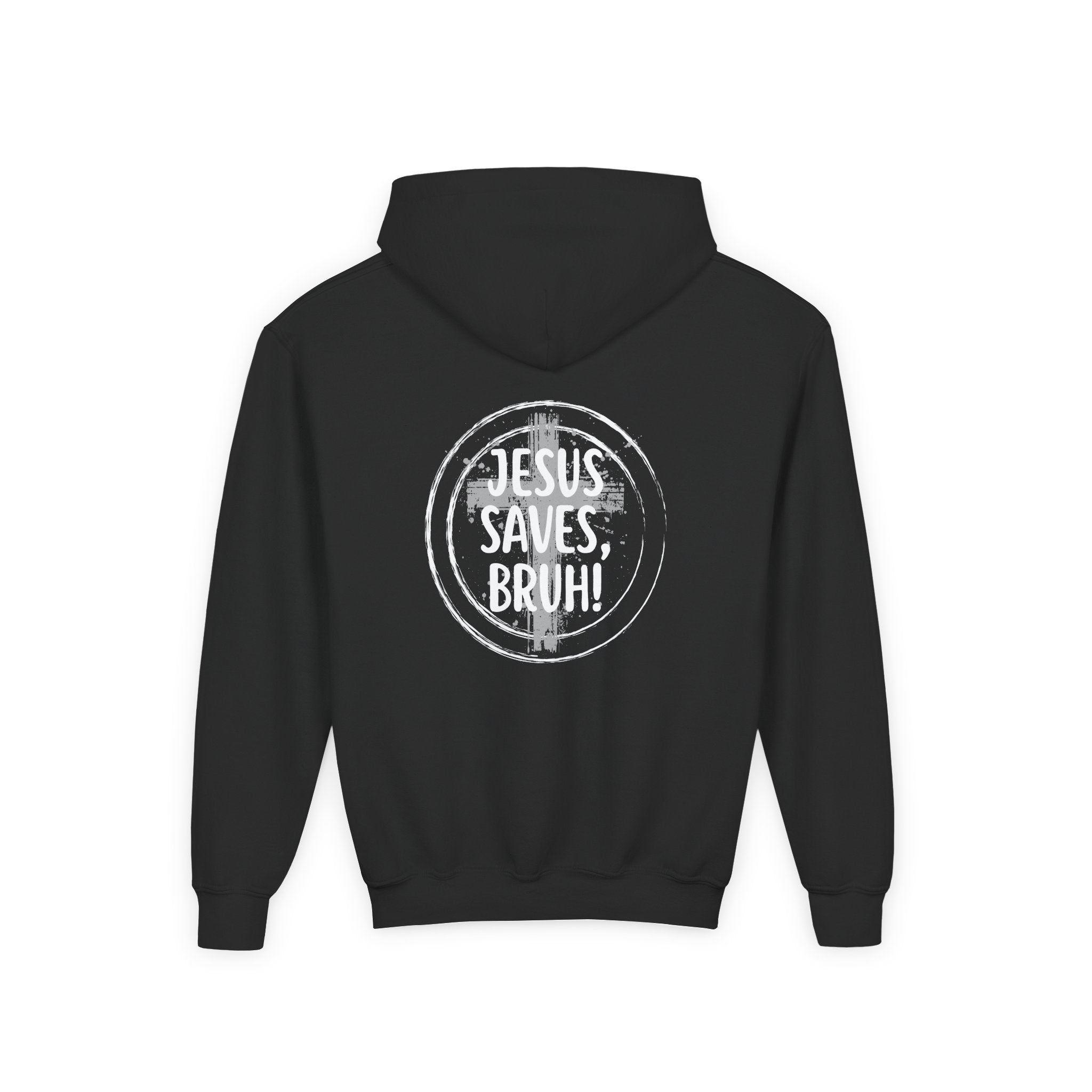 Back design Youth Hoodie - "Jesus Saves, Bruh!" Cross Christian Pullover