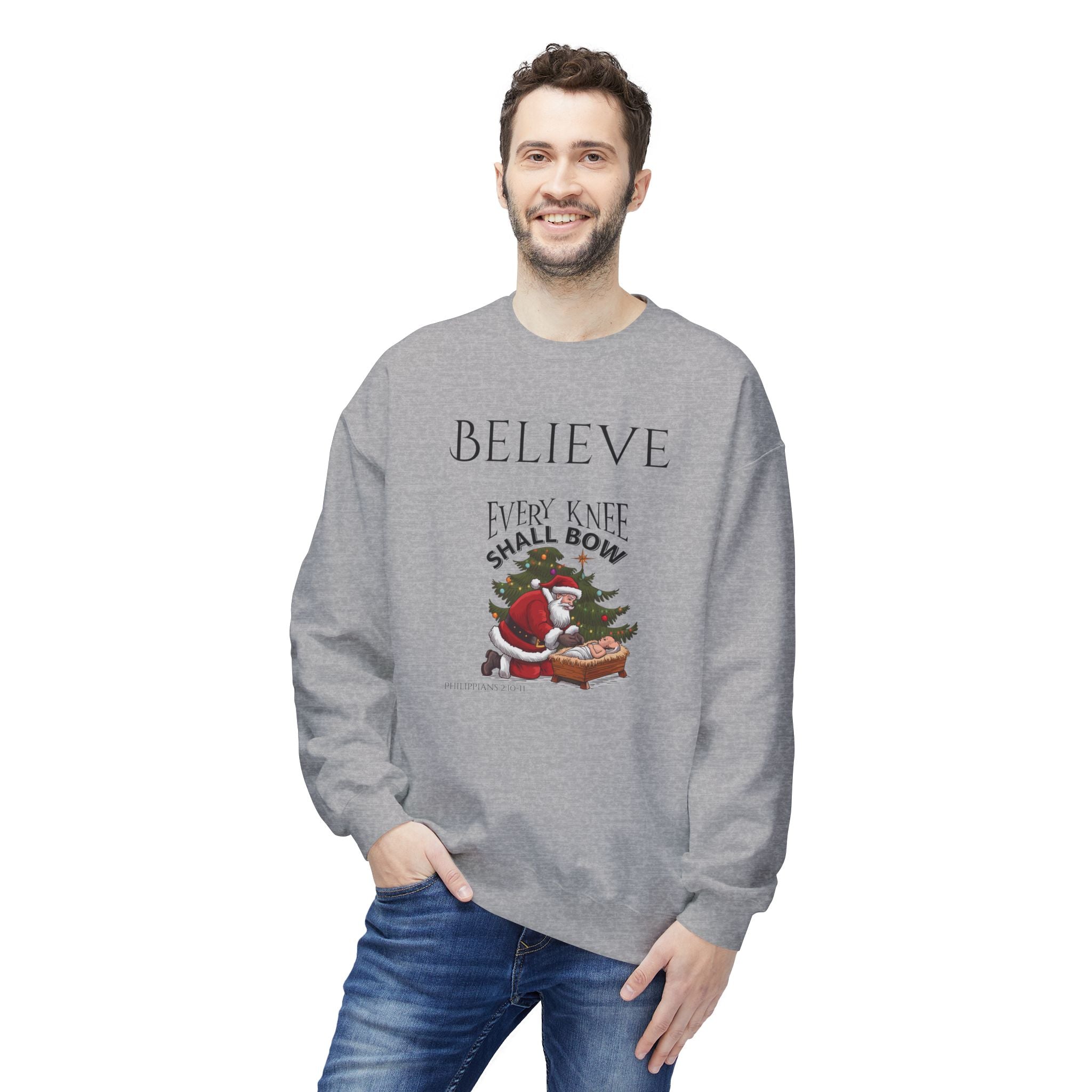 Believe Every Knee Shall Bow Christmas Sweatshirt - Christian Sweatshirts for Women Men - Christmas Sweatshirts for Christians  - Faith Christmas Sweatshirts