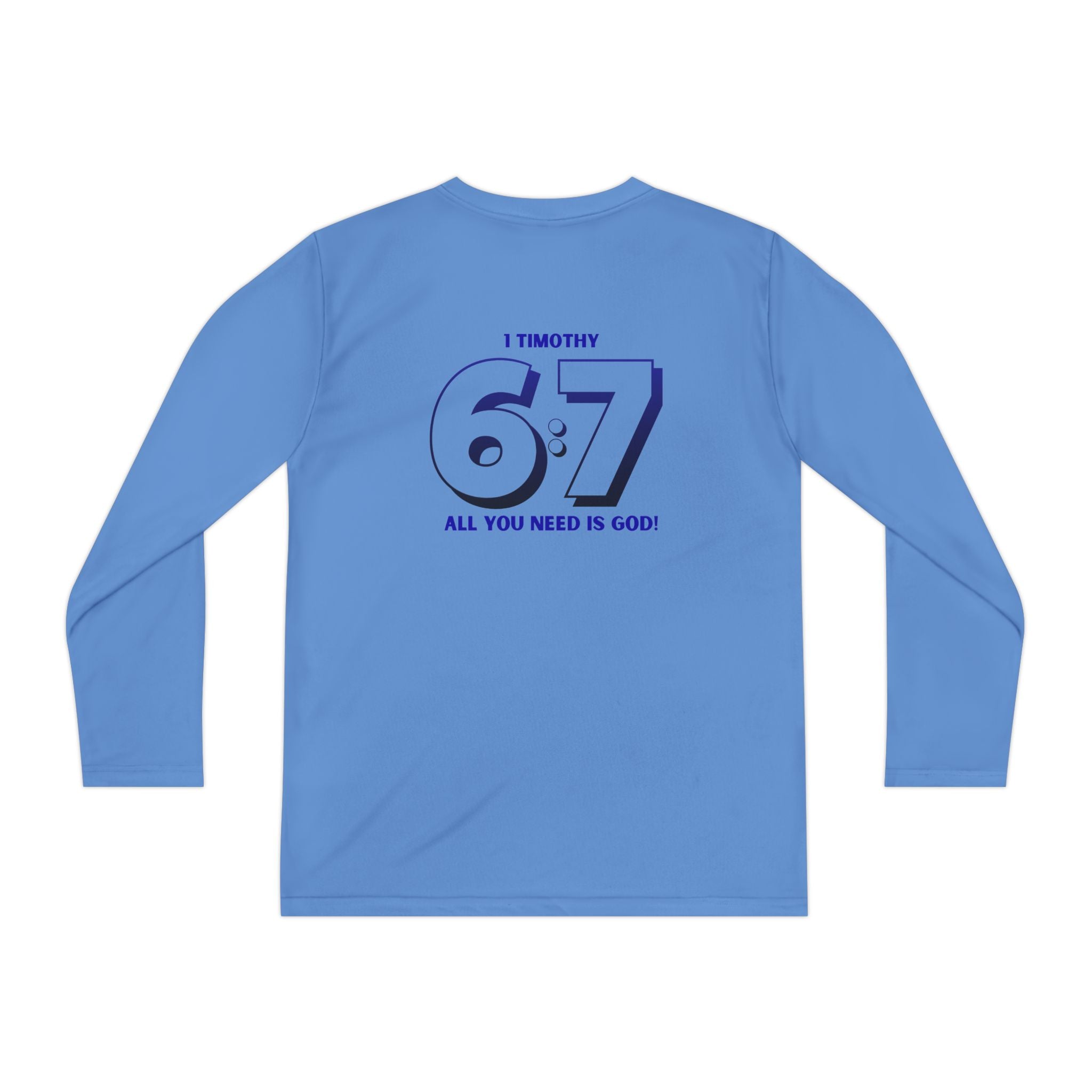 Back design - Youth Long Sleeve Tee — 1 Timothy 6:7 Faith Shirt