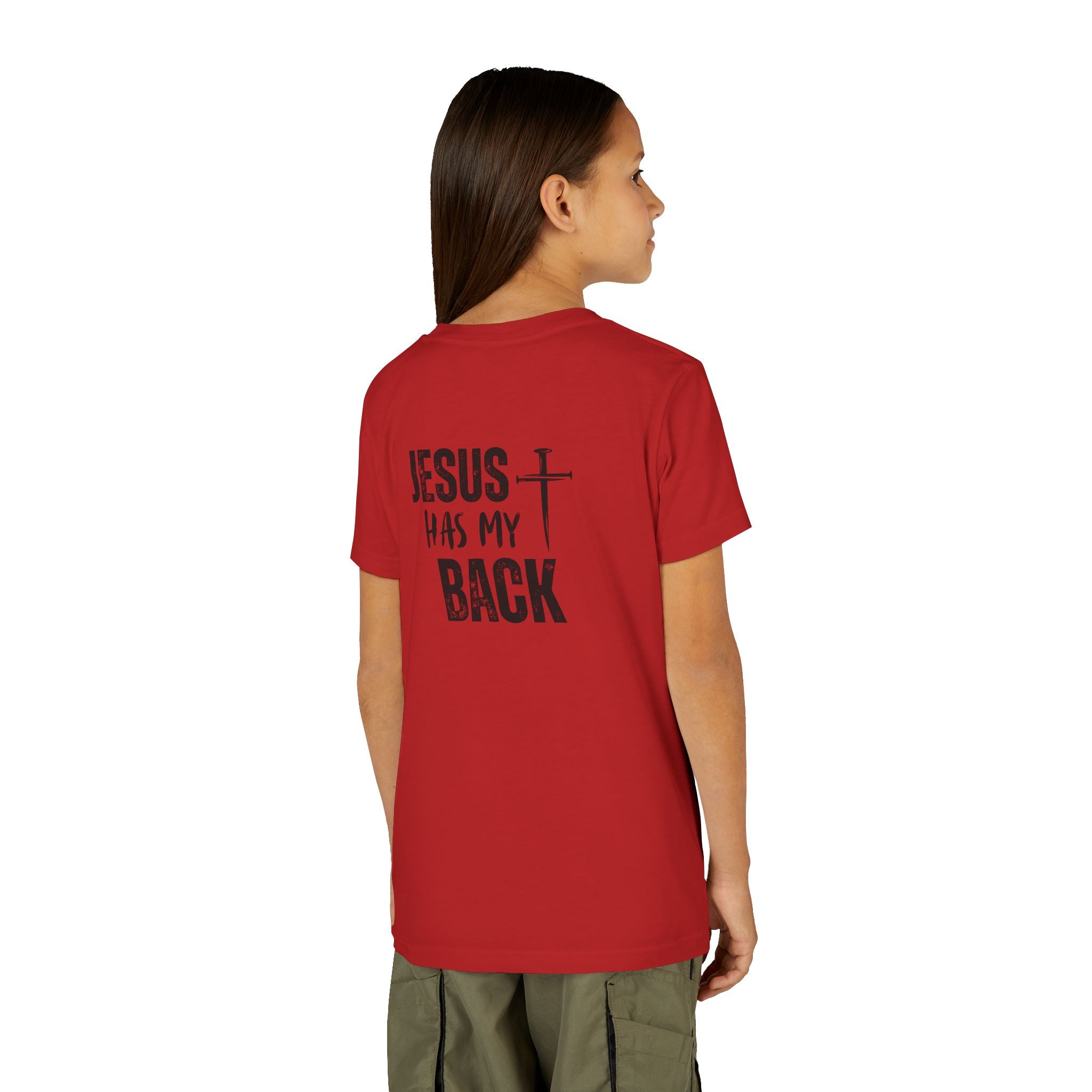Back design - Youth Tee - "Jesus Has My Back" Cross Christian Graphic Shirt