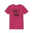 Back design - Youth Tee - "Jesus Has My Back" Cross Christian Graphic Shirt