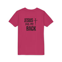 Back design - Youth Tee - "Jesus Has My Back" Cross Christian Graphic Shirt