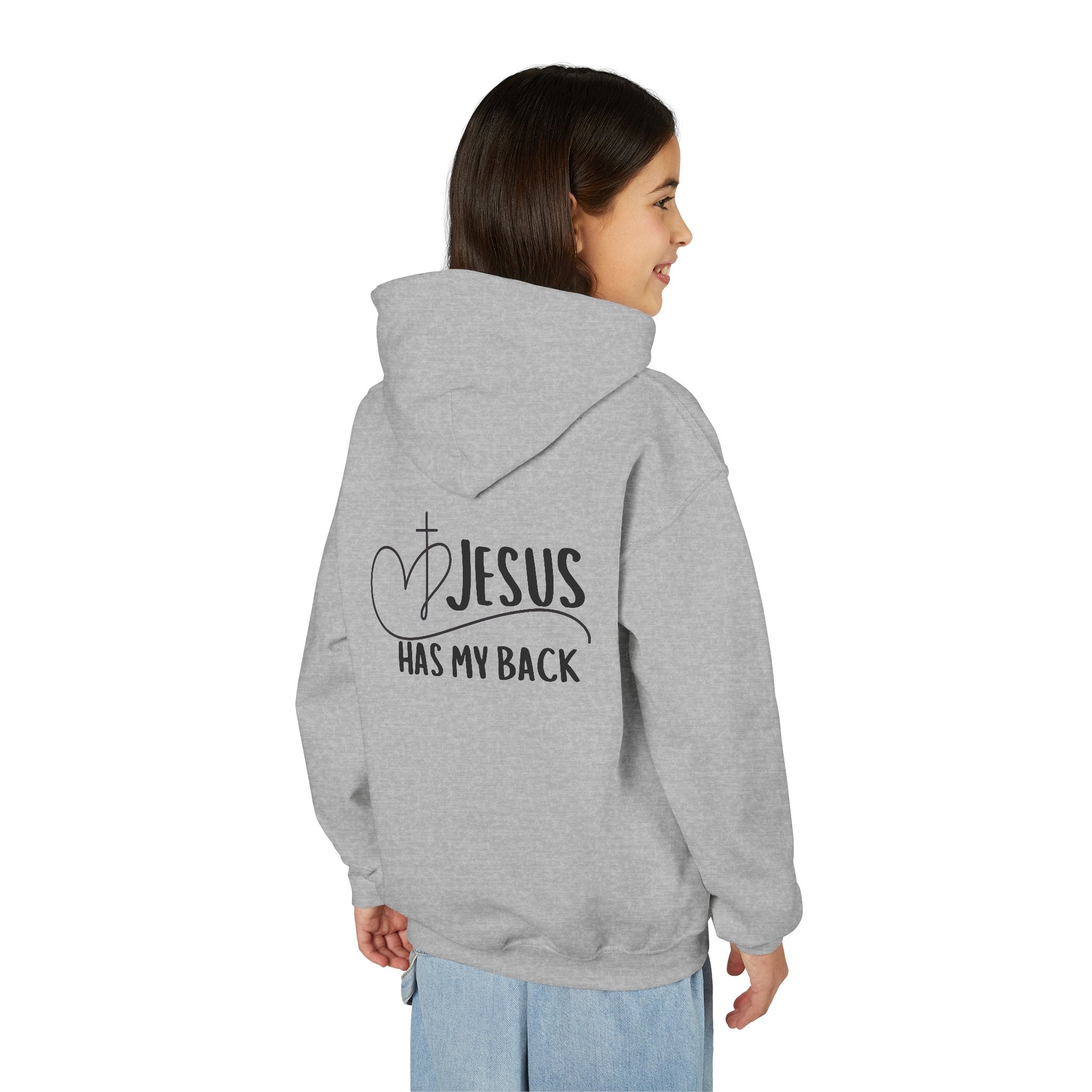 Youth Hoodie — "Jesus Has My Back" Christian Heart Cross Sweatshirt