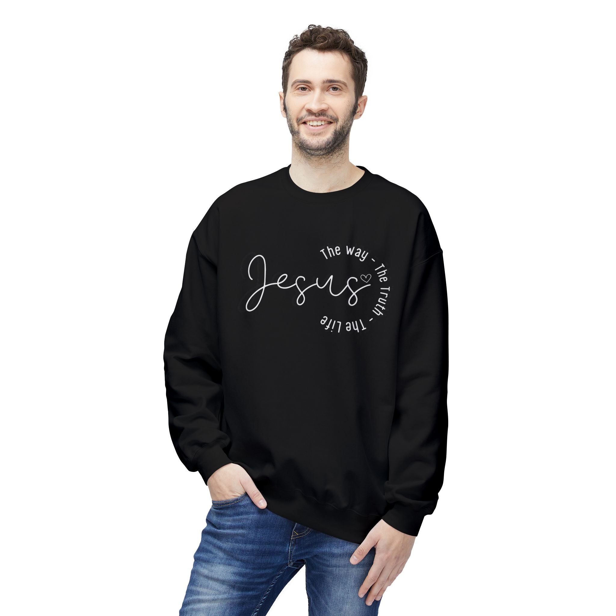 Jesus Circle Script Crewneck Sweatshirt — "Jesus: The Way, The Truth, The Life" Christian Pullover
