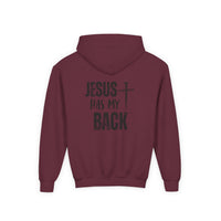 Youth Hoodie - "Jesus Has My Back" Cross Faith Graphic