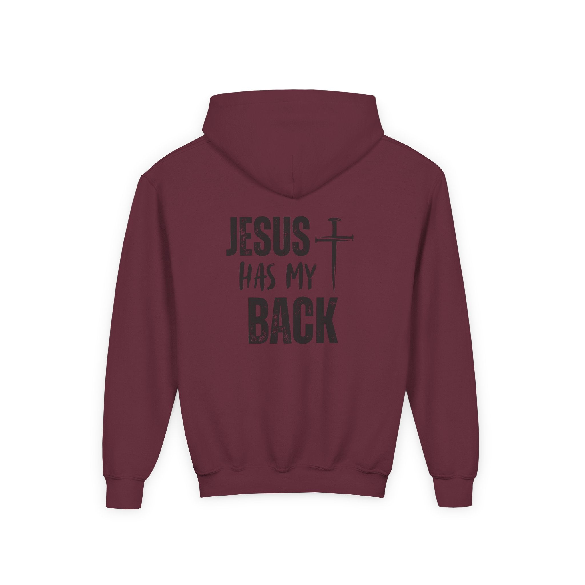 Youth Hoodie - "Jesus Has My Back" Cross Faith Graphic
