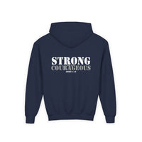 Youth Hoodie — "Strong & Courageous" Inspirational Christian Sweatshirt (Joshua 1:9)