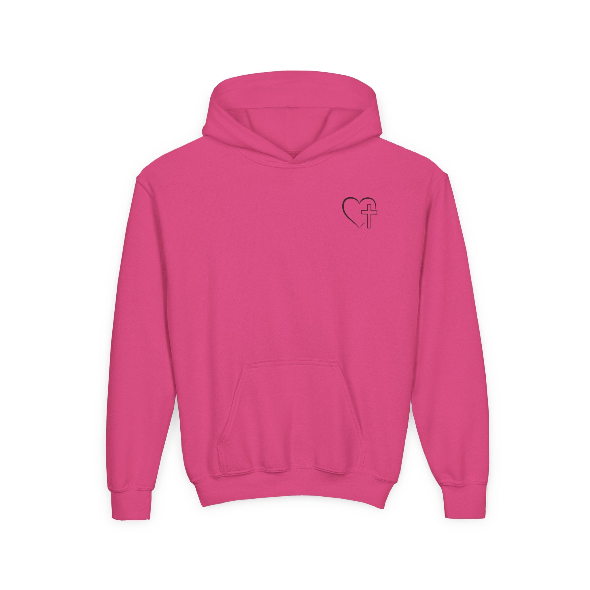 Youth Hoodie — "Jesus Has My Back" Christian Heart Cross Sweatshirt