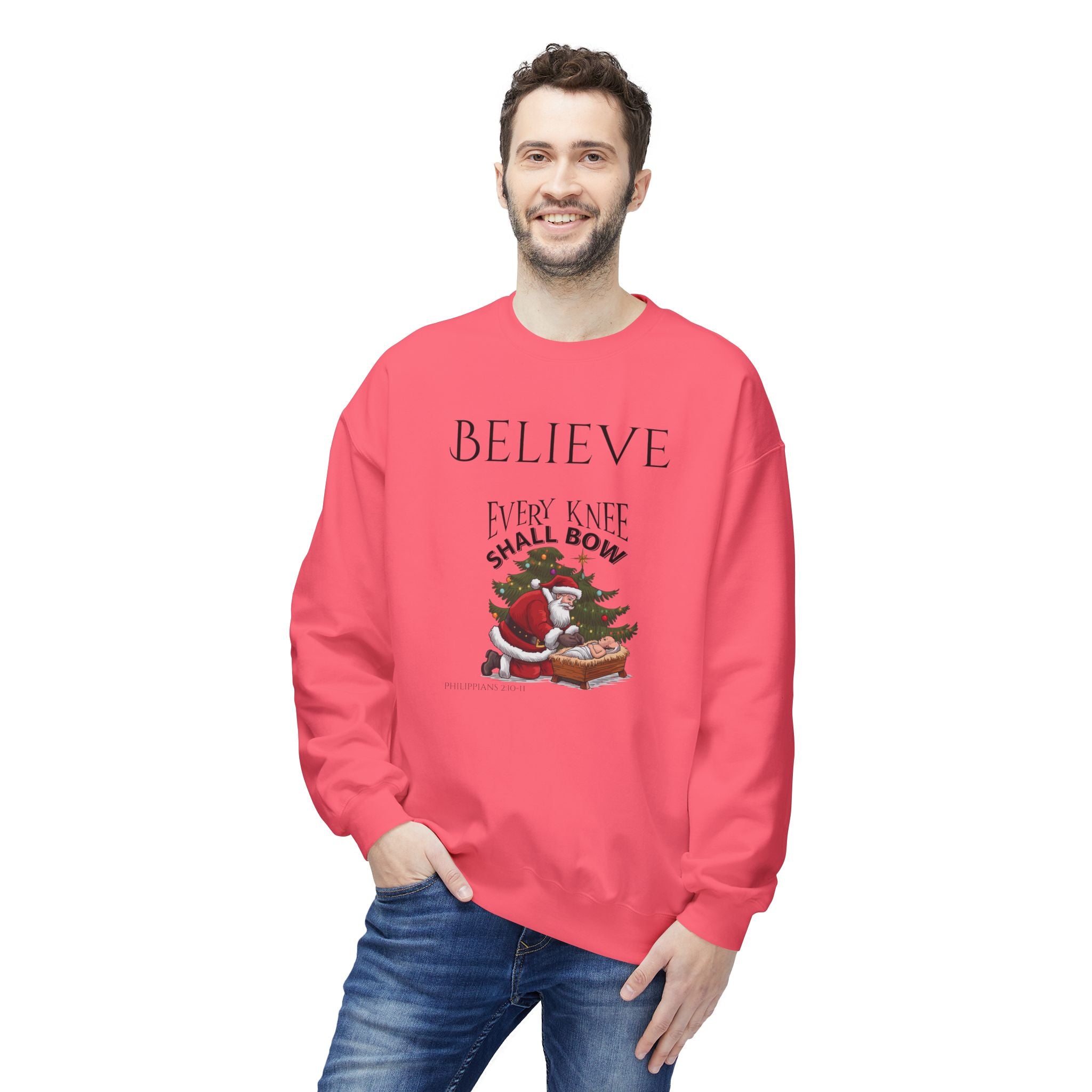 Believe Every Knee Shall Bow Christmas Sweatshirt - Christian Sweatshirts for Women Men - Christmas Sweatshirts for Christians  - Faith Christmas Sweatshirts