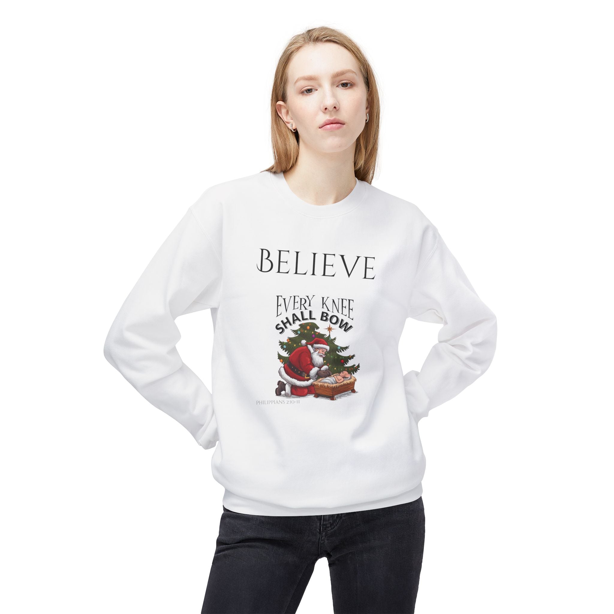 Believe Every Knee Shall Bow Christmas Sweatshirt - Christian Sweatshirts for Women Men - Christmas Sweatshirts for Christians  - Faith Christmas Sweatshirts