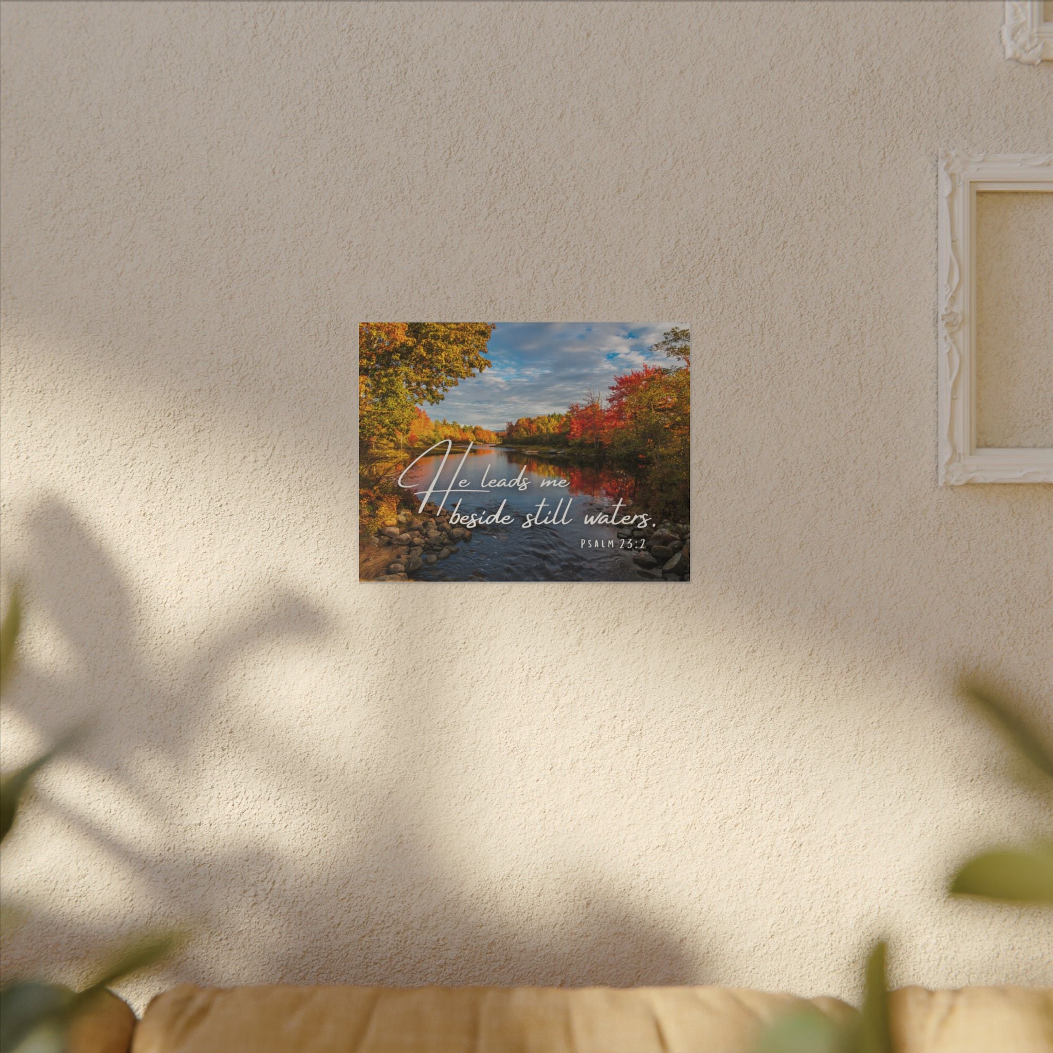 He Leads Me Beside Still Waters Matte Canvas Wall Art — Psalm 23:2 Autumn River Religious Decor