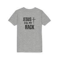Back design - Youth Tee - "Jesus Has My Back" Cross Christian Graphic Shirt