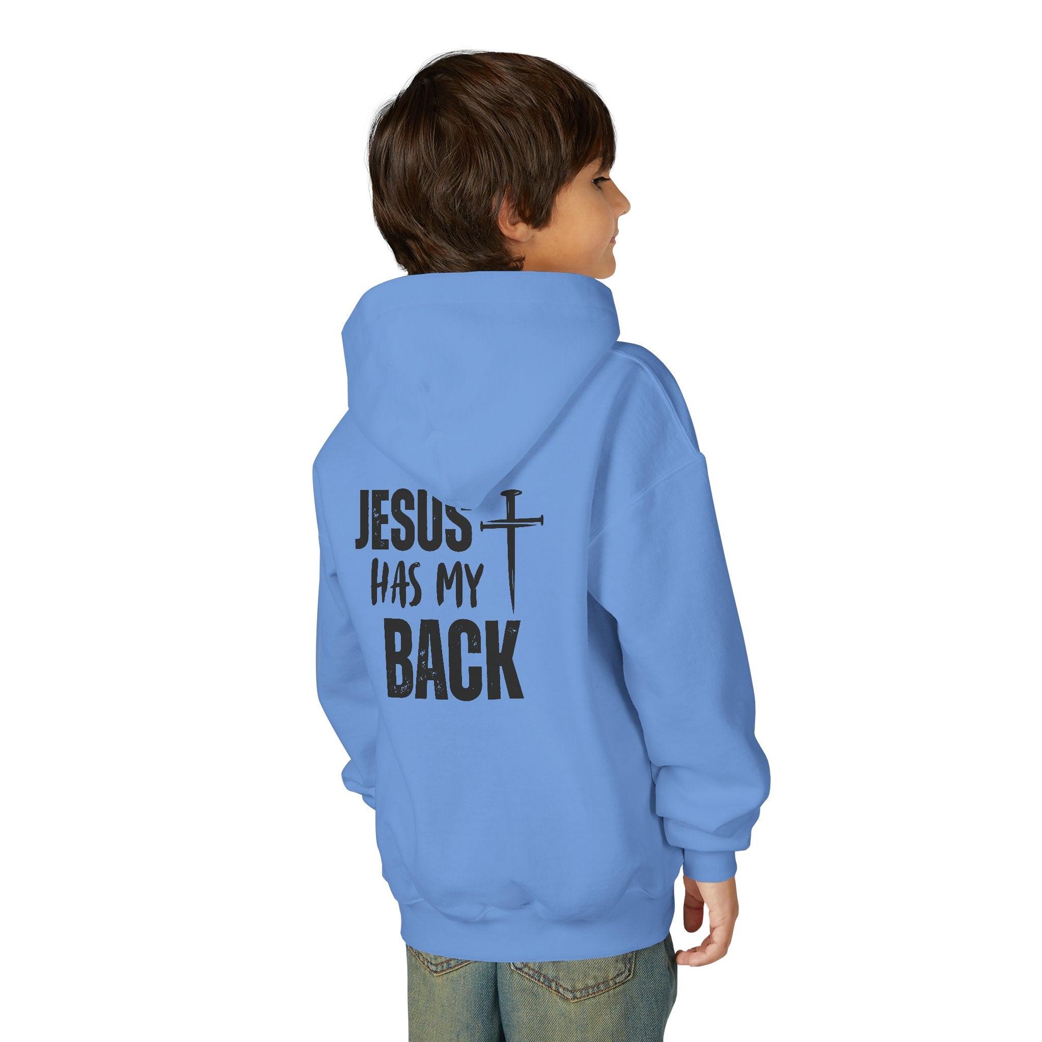 Youth Hoodie - "Jesus Has My Back" Cross Faith Graphic