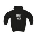 Softstyle Kids Hoodie — "Jesus Has My Back" Christian Youth Pullover with Cross
