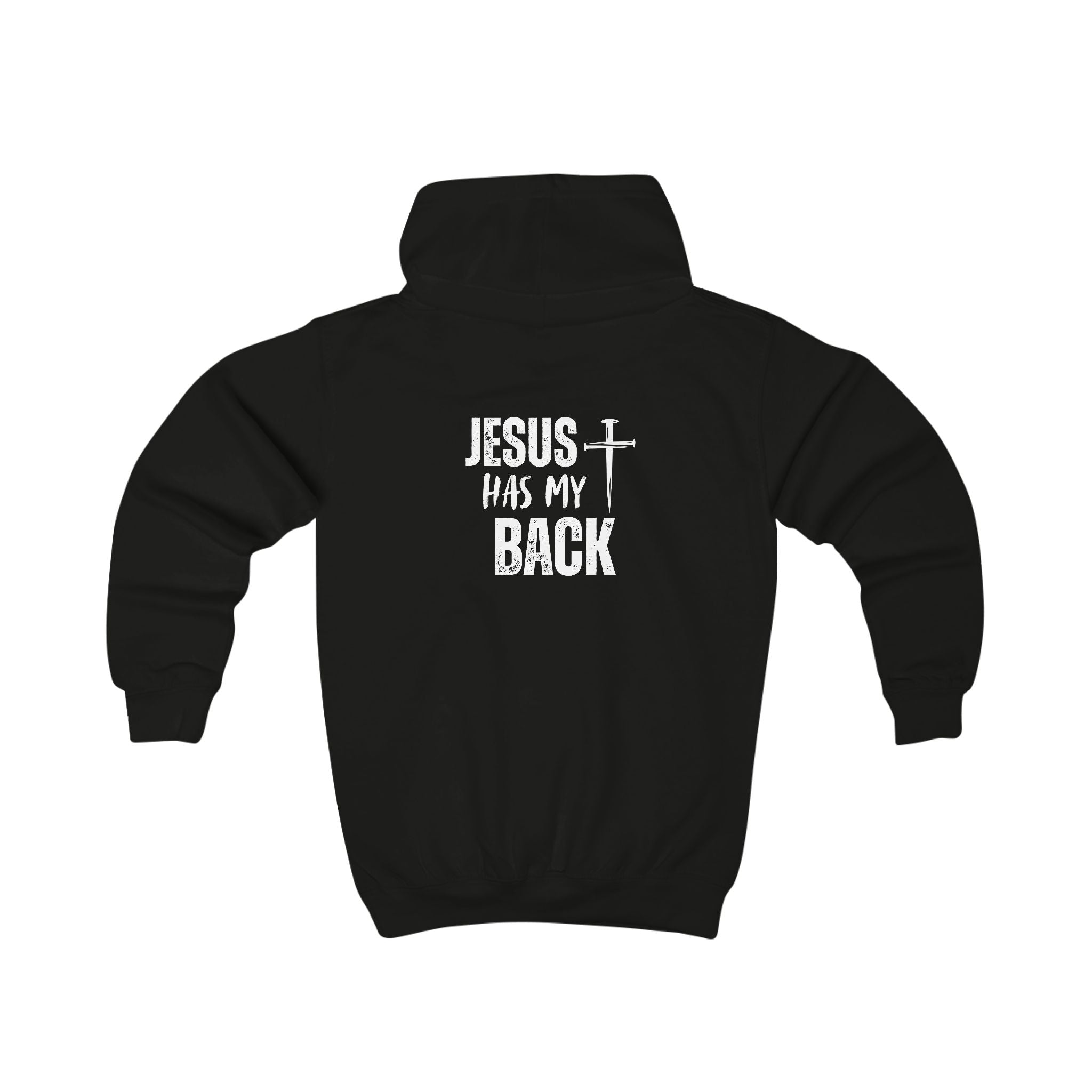 Softstyle Kids Hoodie — "Jesus Has My Back" Christian Youth Pullover with Cross
