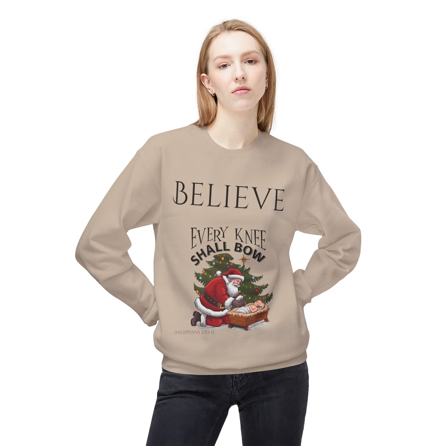 Believe Every Knee Shall Bow Christmas Sweatshirt - Christian Sweatshirts for Women Men - Christmas Sweatshirts for Christians  - Faith Christmas Sweatshirts