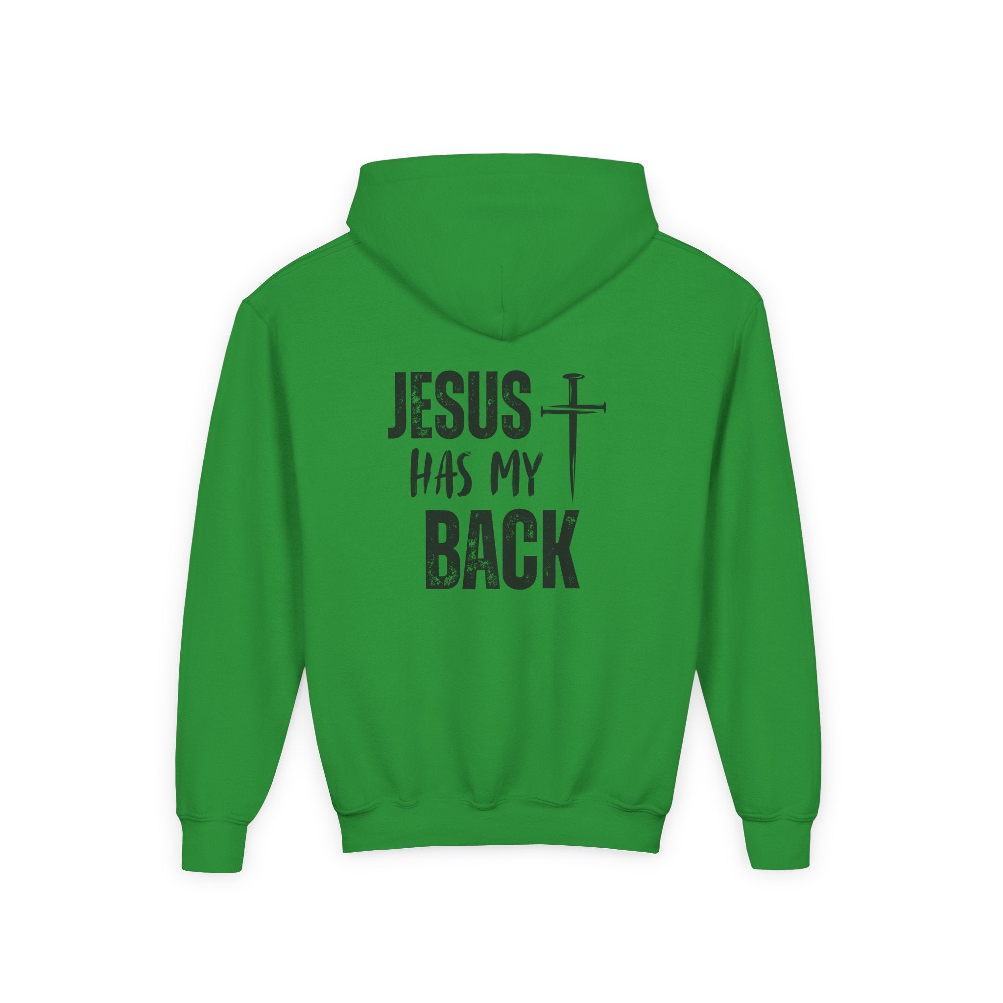 Youth Hoodie - "Jesus Has My Back" Cross Faith Graphic