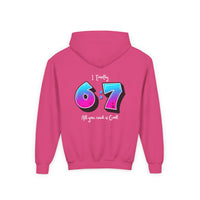 Back design - Youth Hoodie — 'I Timothy 6:7' Colorful Faith Graphic Hoodie (All You Need Is God)
