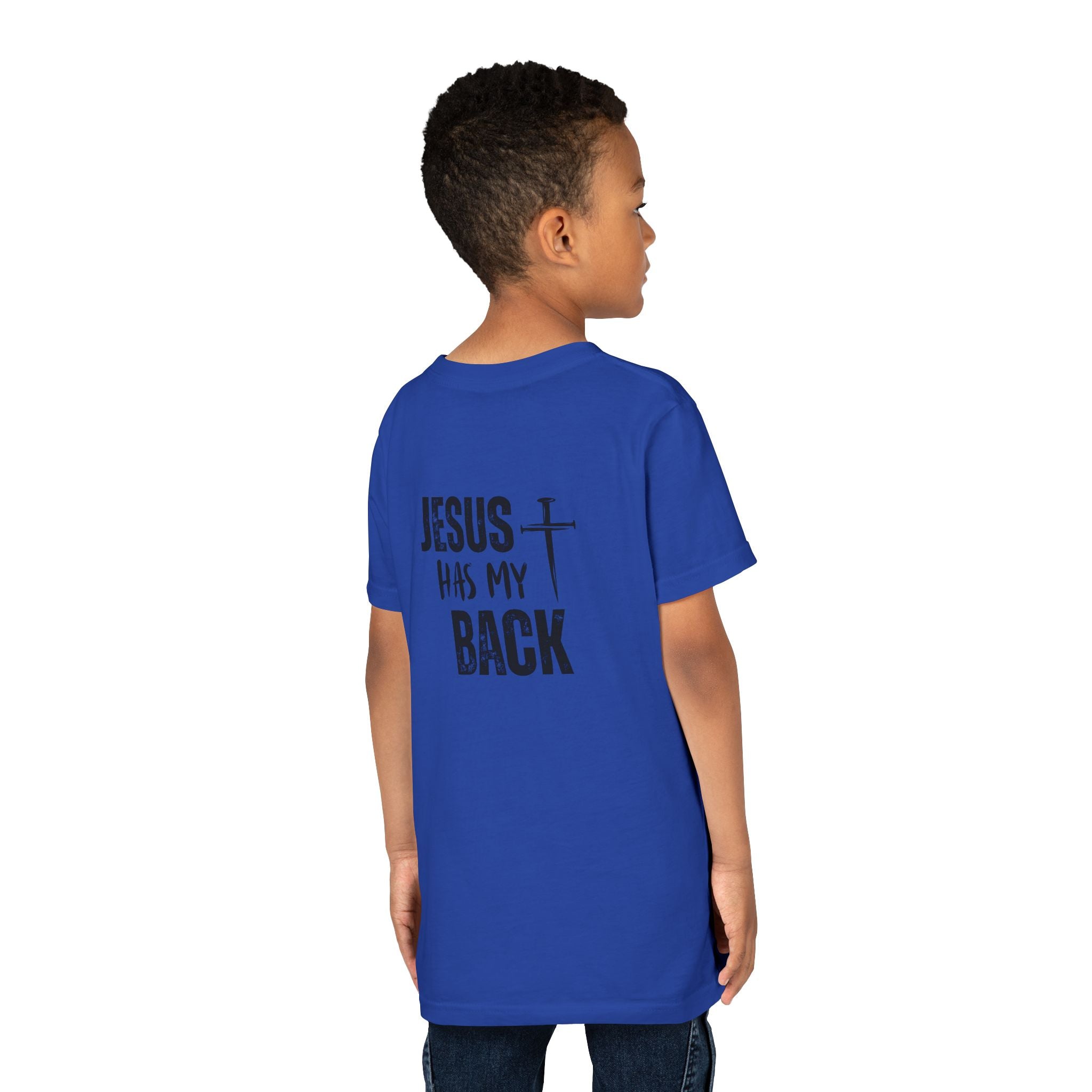 Back design - Youth Tee - "Jesus Has My Back" Cross Christian Graphic Shirt