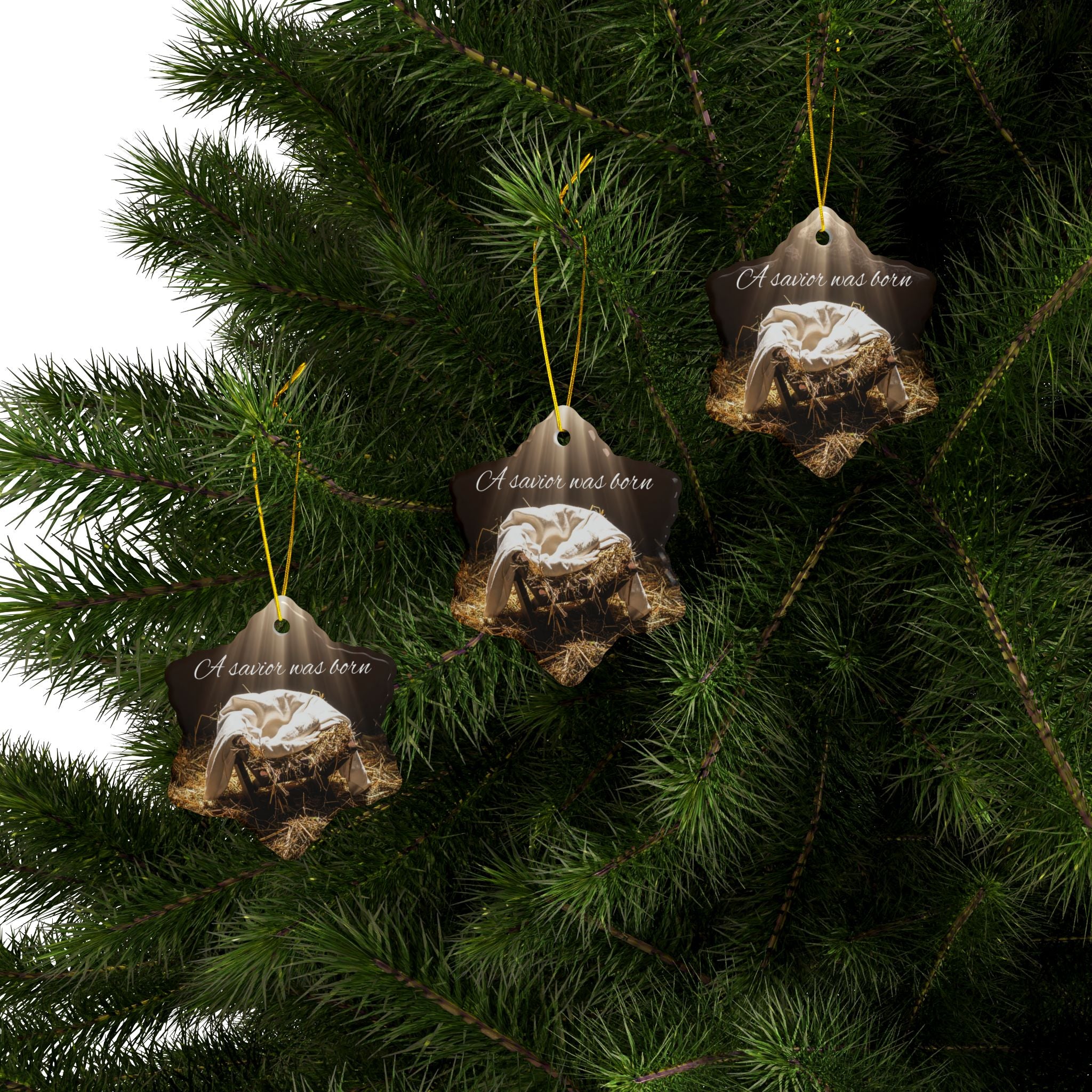 Ceramic Ornament — "A Savior Was Born" Nativity Christmas Tree Decoration