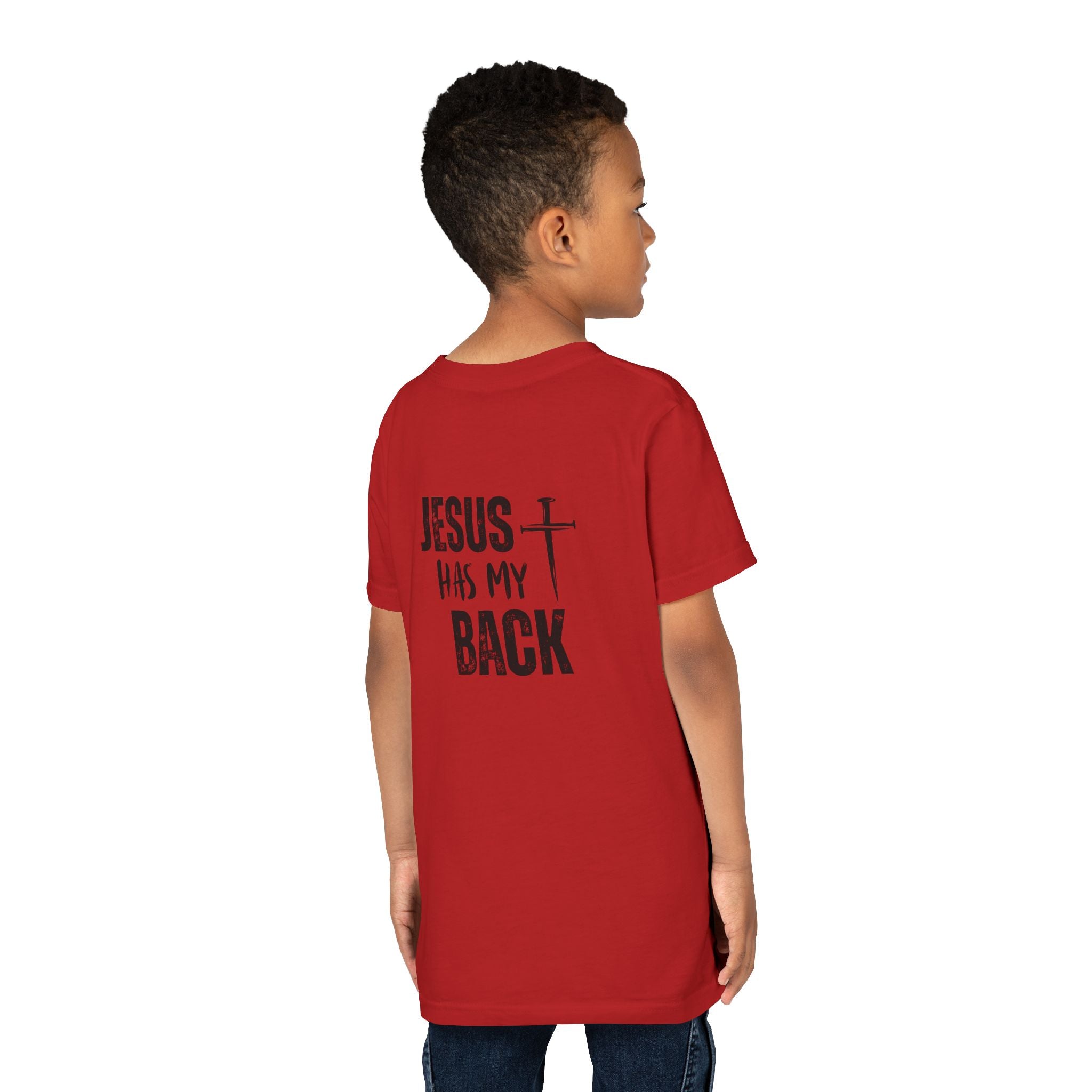 Back design - Youth Tee - "Jesus Has My Back" Cross Christian Graphic Shirt