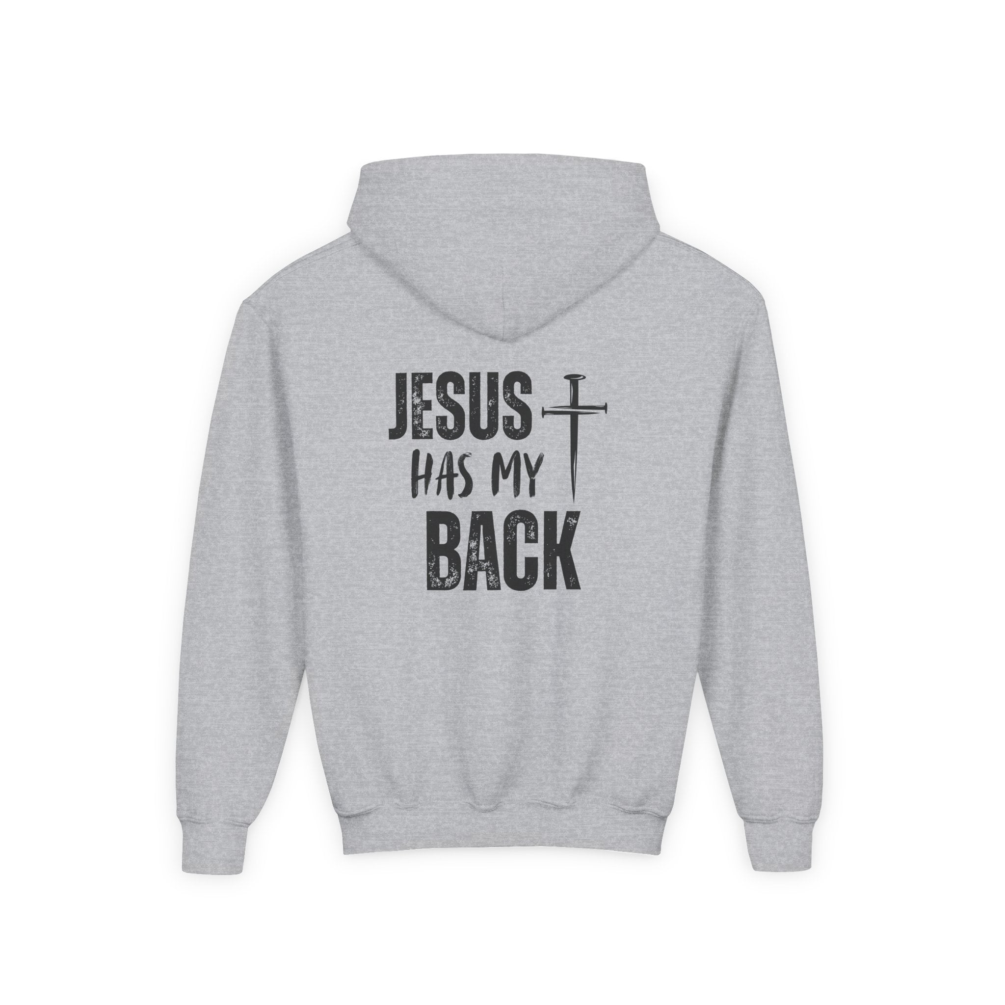 Youth Hoodie - "Jesus Has My Back" Cross Faith Graphic