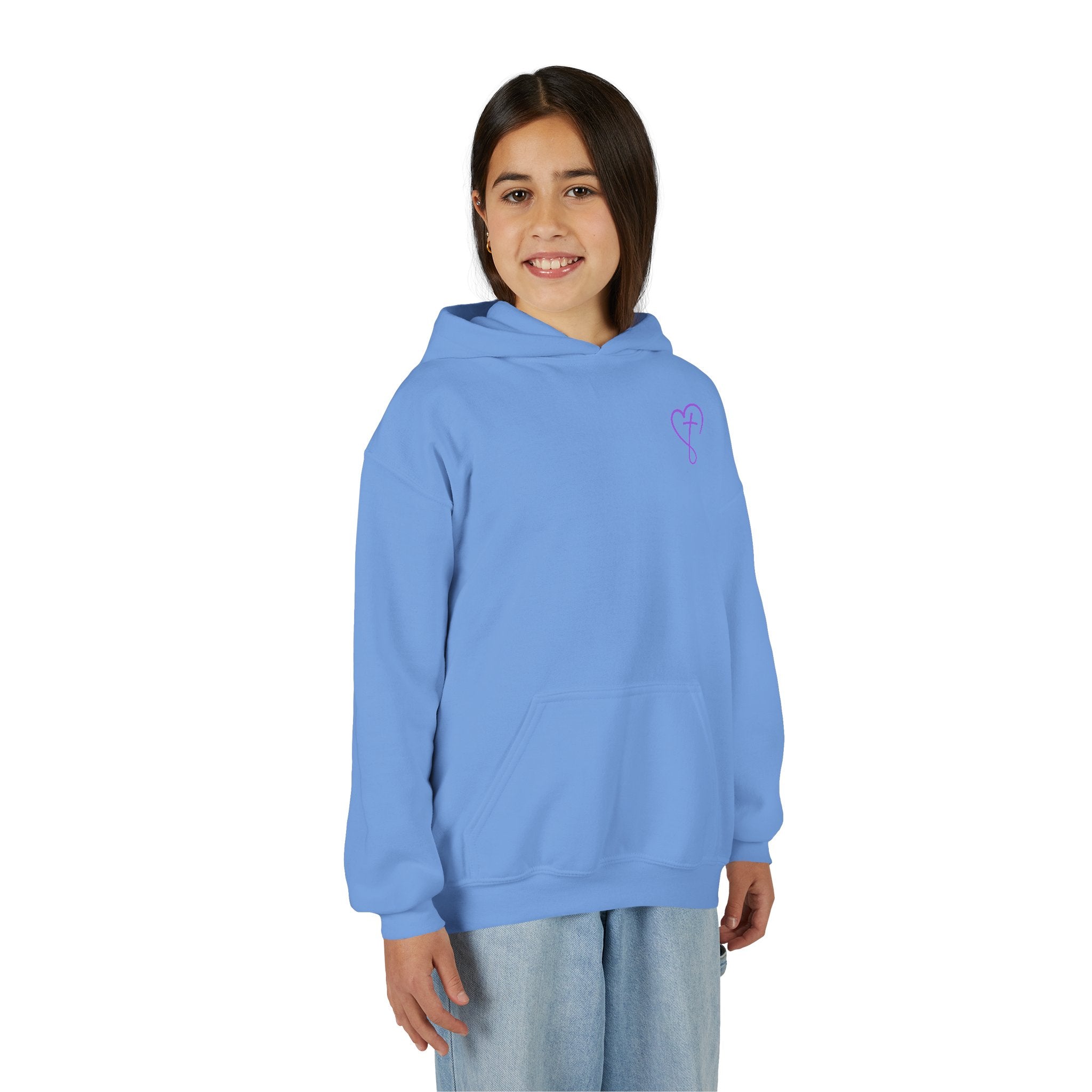 Back design - Youth Hoodie — 'I Timothy 6:7' Colorful Faith Graphic Hoodie (All You Need Is God)