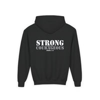 Youth Hoodie — "Strong & Courageous" Inspirational Christian Sweatshirt (Joshua 1:9)
