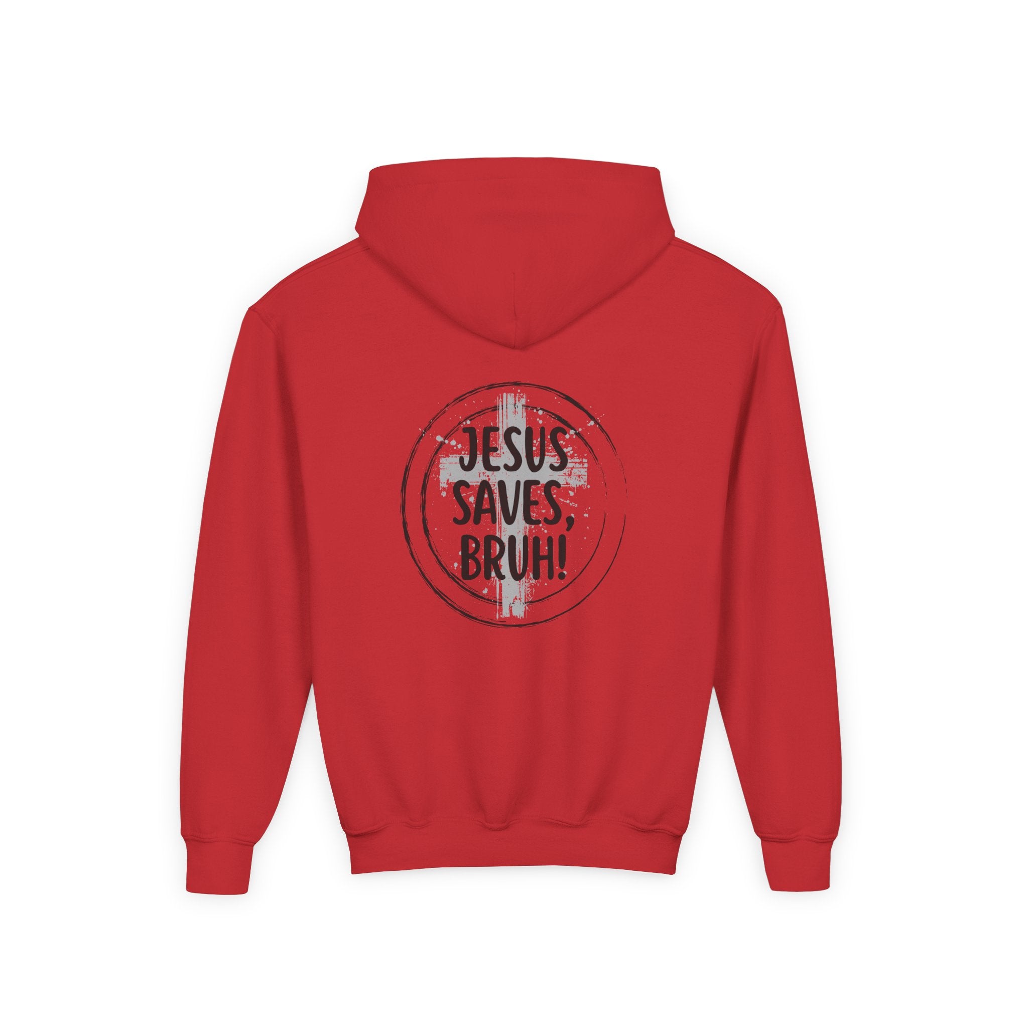 Back design Youth Hoodie - "Jesus Saves, Bruh!" Cross Christian Pullover