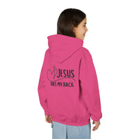 Youth Hoodie — "Jesus Has My Back" Christian Heart Cross Sweatshirt