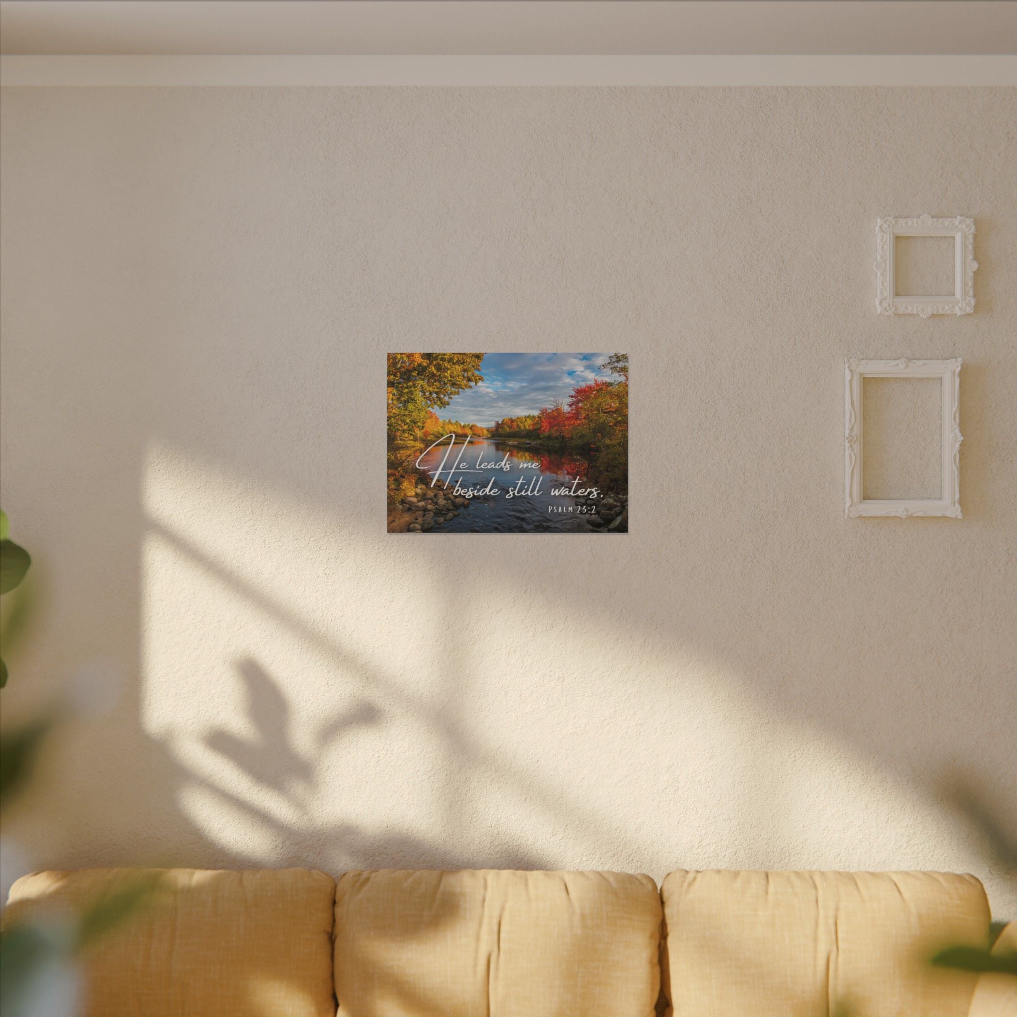 He Leads Me Beside Still Waters Matte Canvas Wall Art — Psalm 23:2 Autumn River Religious Decor