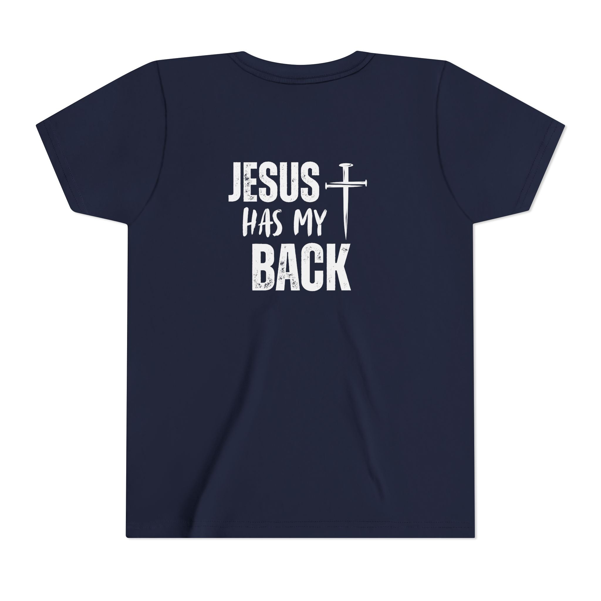 Back design - Youth Tee - "Jesus Has My Back" Cross Christian Graphic Shirt