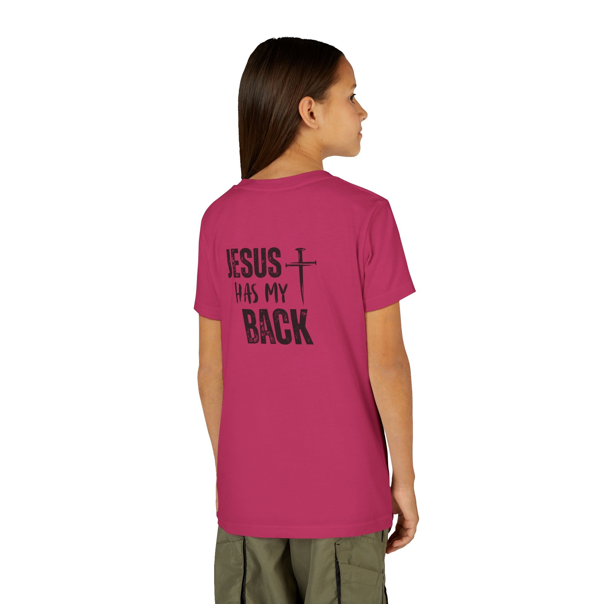 Back design - Youth Tee - "Jesus Has My Back" Cross Christian Graphic Shirt