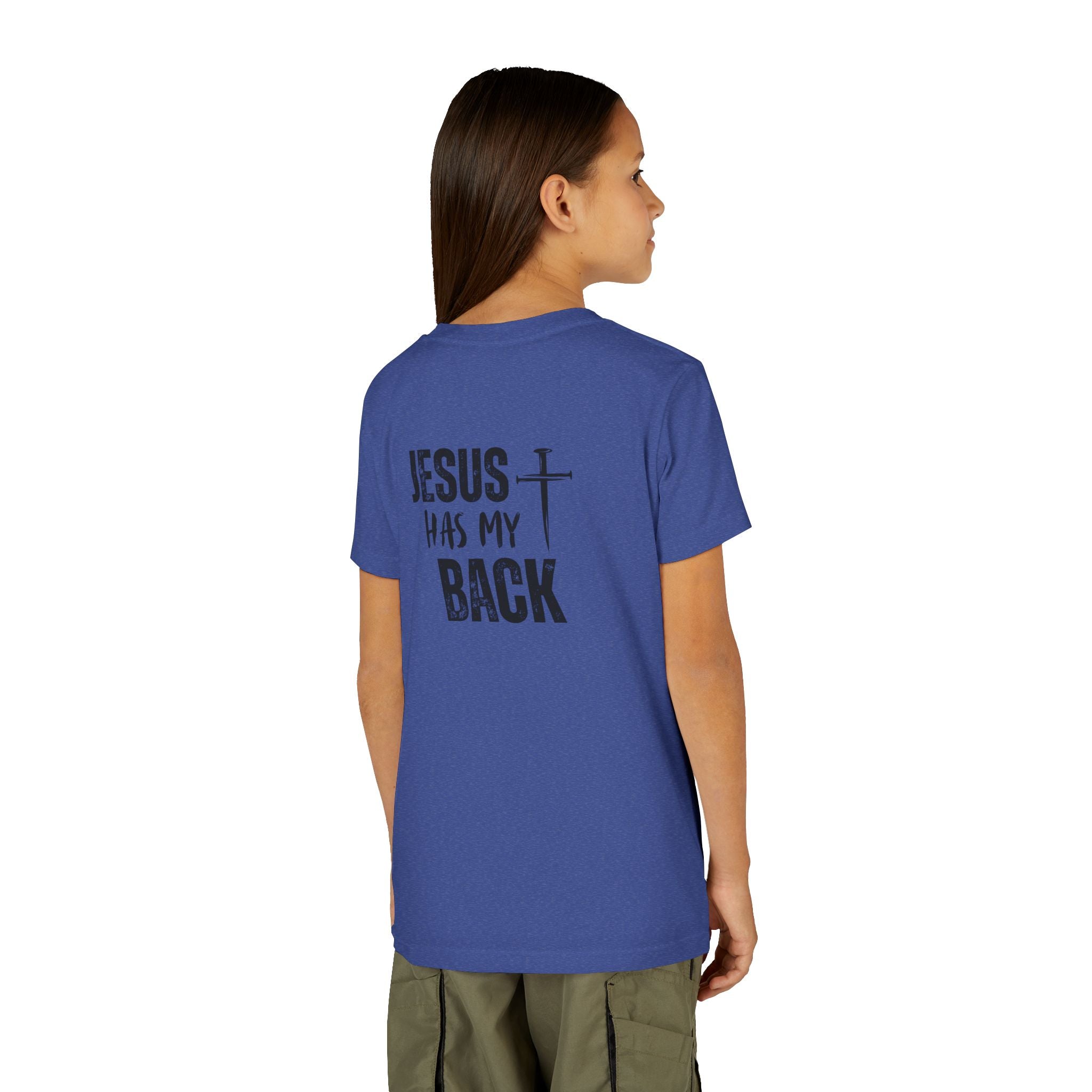 Back design - Youth Tee - "Jesus Has My Back" Cross Christian Graphic Shirt
