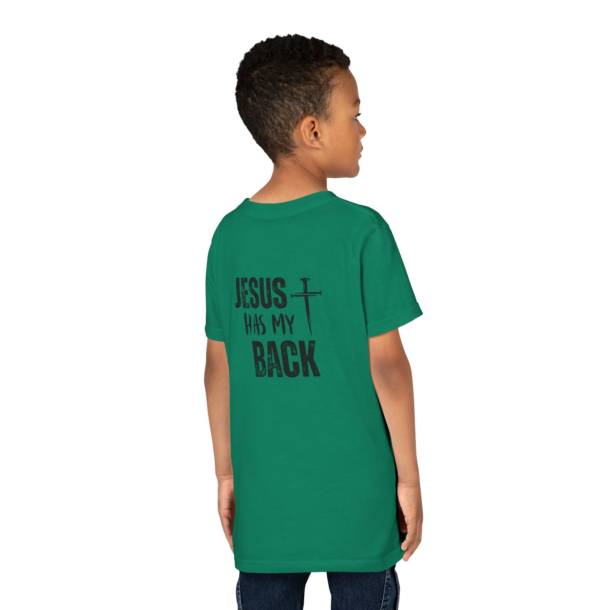 Back design - Youth Tee - "Jesus Has My Back" Cross Christian Graphic Shirt
