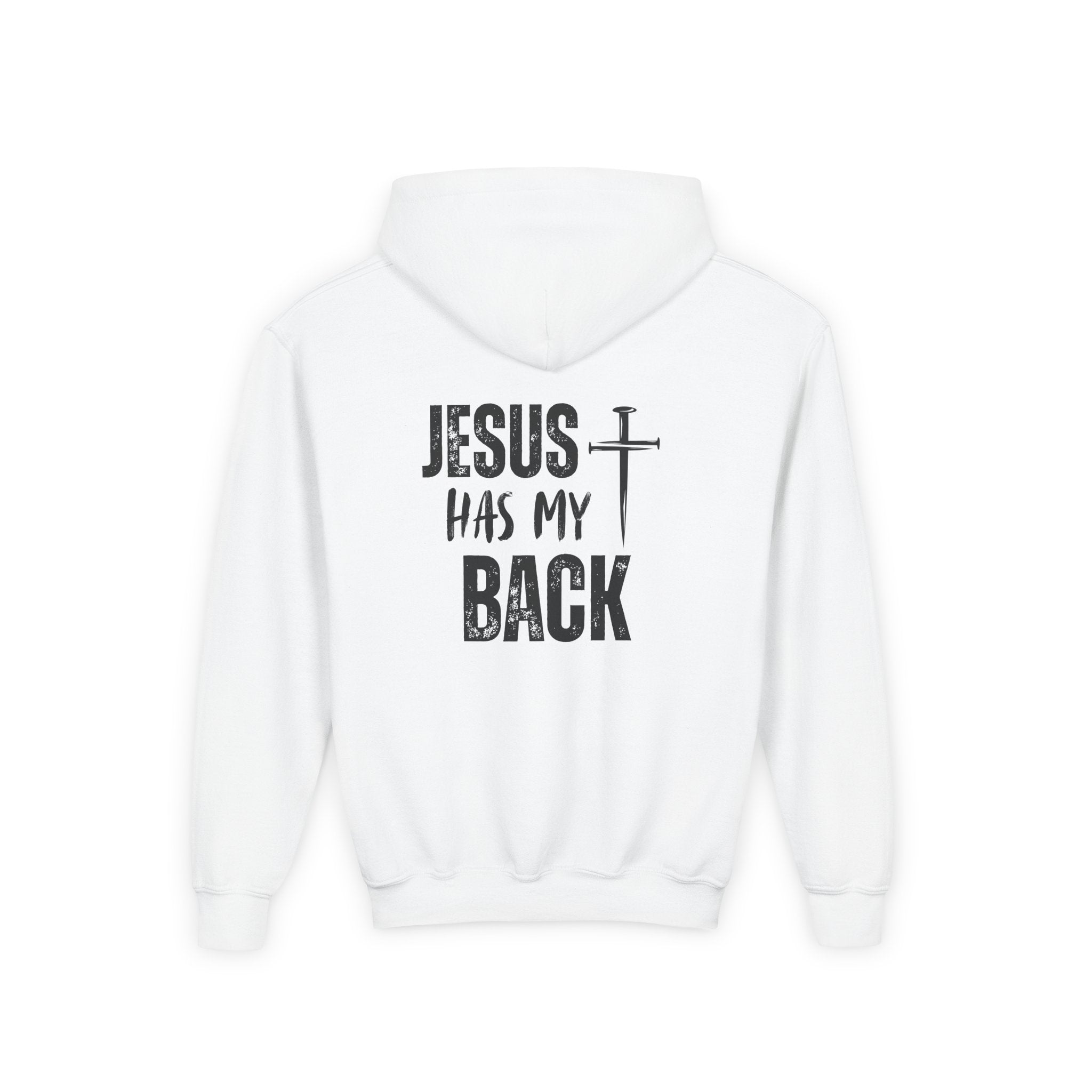 Youth Hoodie - "Jesus Has My Back" Cross Faith Graphic
