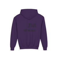 Youth Hoodie — "Jesus Has My Back" Christian Heart Cross Sweatshirt