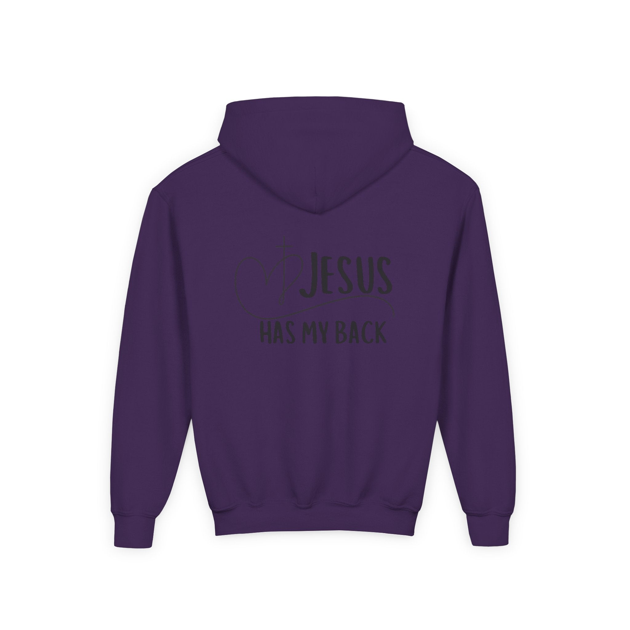 Youth Hoodie — "Jesus Has My Back" Christian Heart Cross Sweatshirt