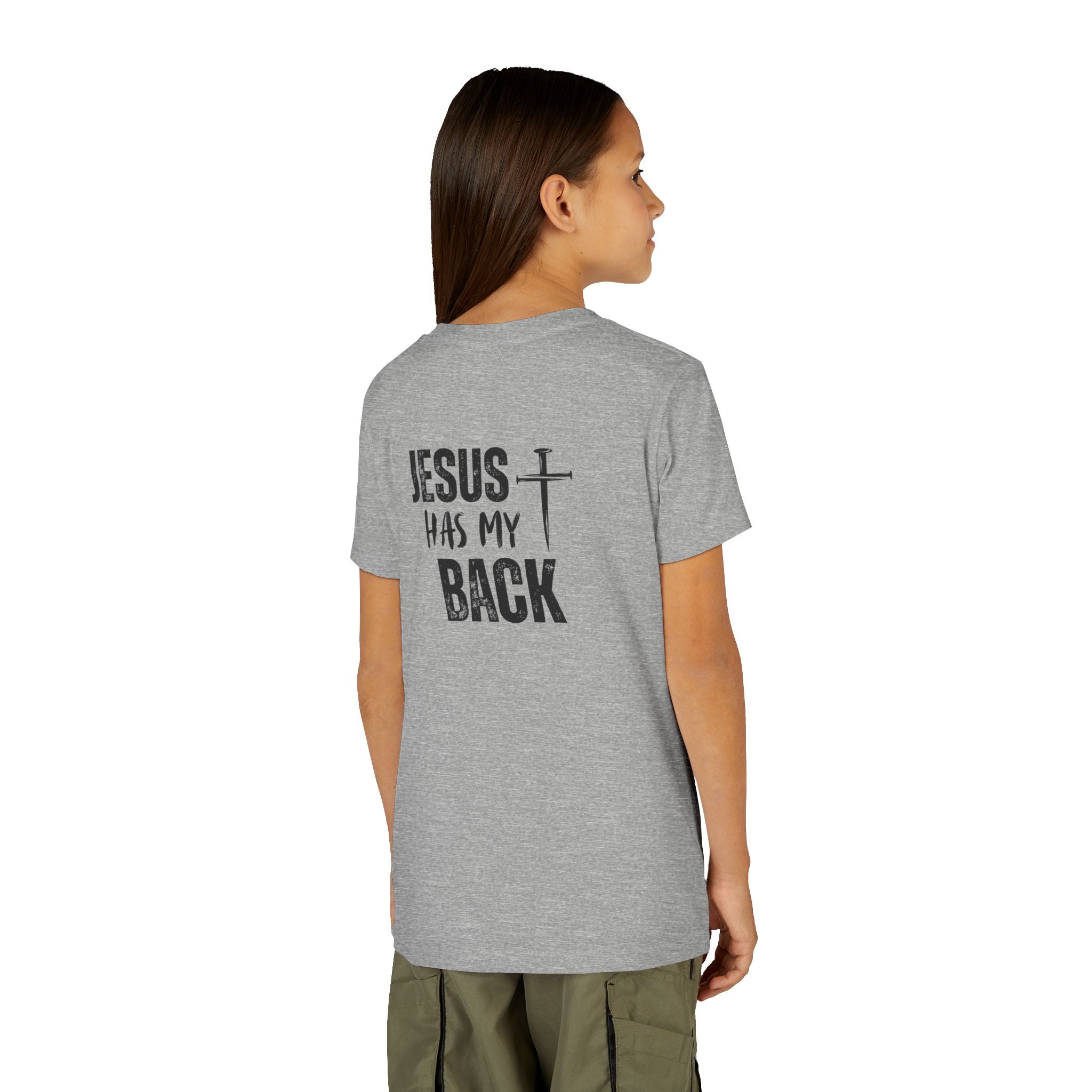 Back design - Youth Tee - "Jesus Has My Back" Cross Christian Graphic Shirt