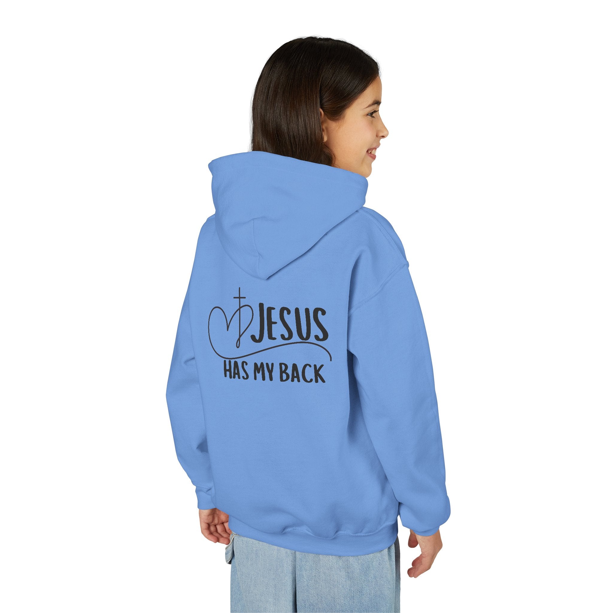 Youth Hoodie — "Jesus Has My Back" Christian Heart Cross Sweatshirt