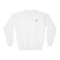 Back design - Youth Crewneck Sweatshirt - 1 Timothy 6:7 Faith Graphic (All You Need Is God)