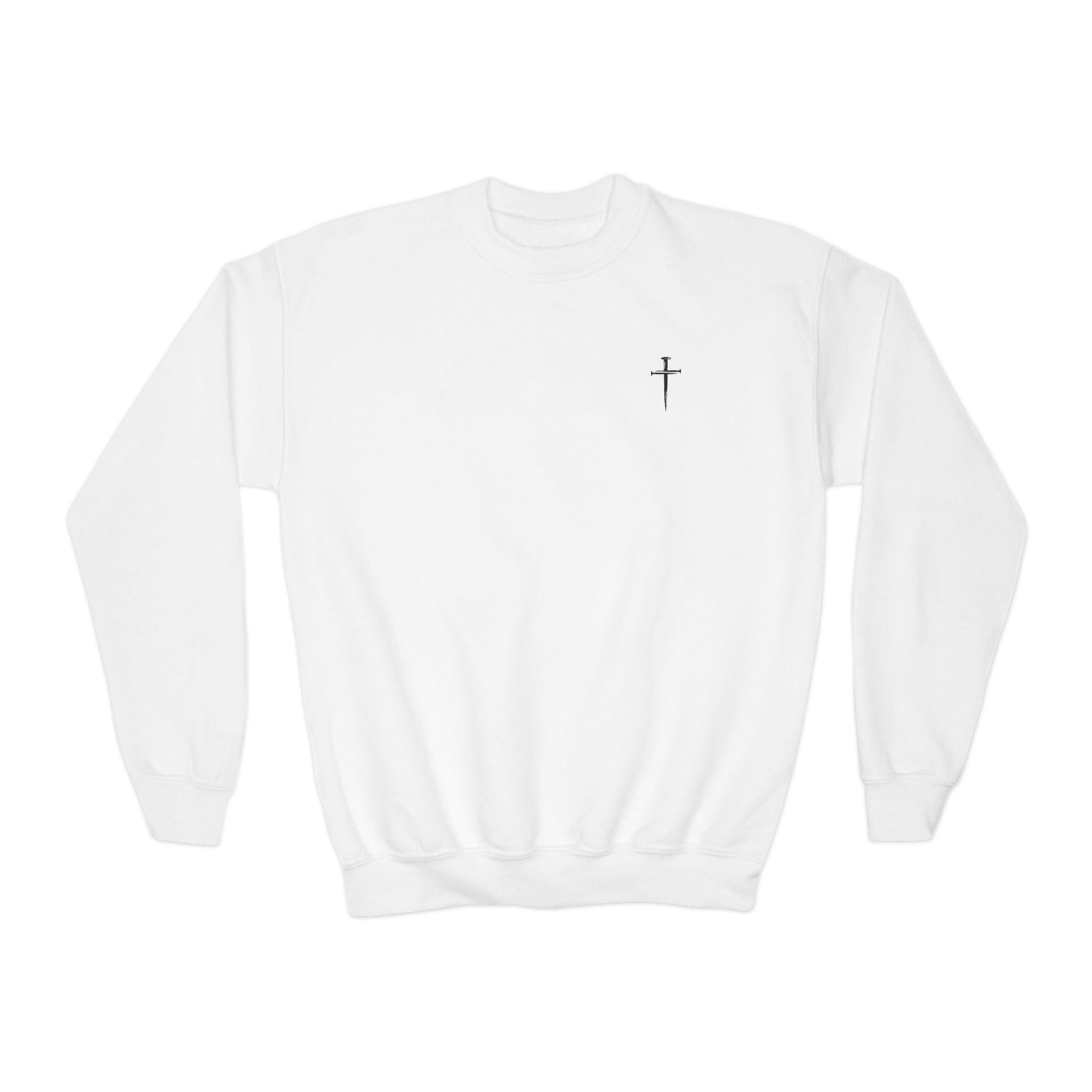 Back design - Youth Crewneck Sweatshirt - 1 Timothy 6:7 Faith Graphic (All You Need Is God)