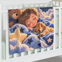 Blue For This Child I Prayed baby swaddle blanket displayed on a nursery crib