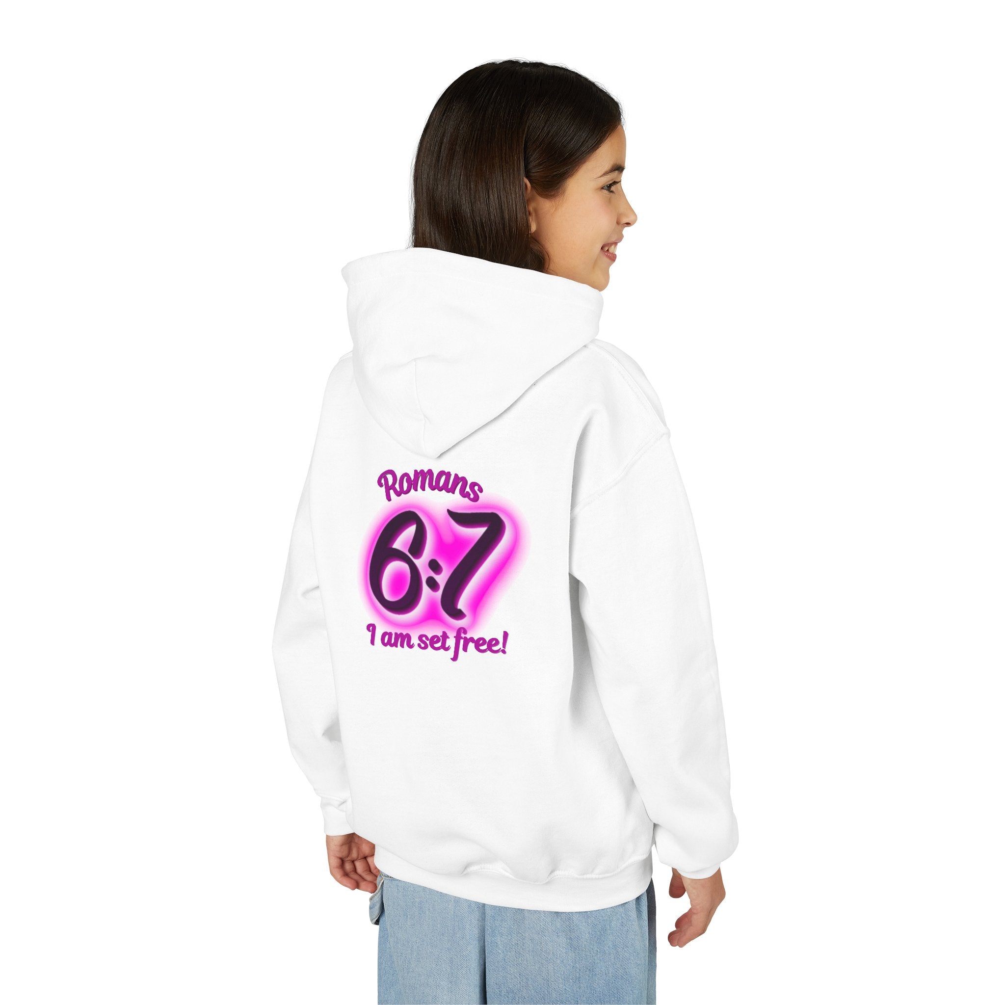 Youth Hoodie — 'Romans 6:7 I Am Set Free' Christian Faith Pullover