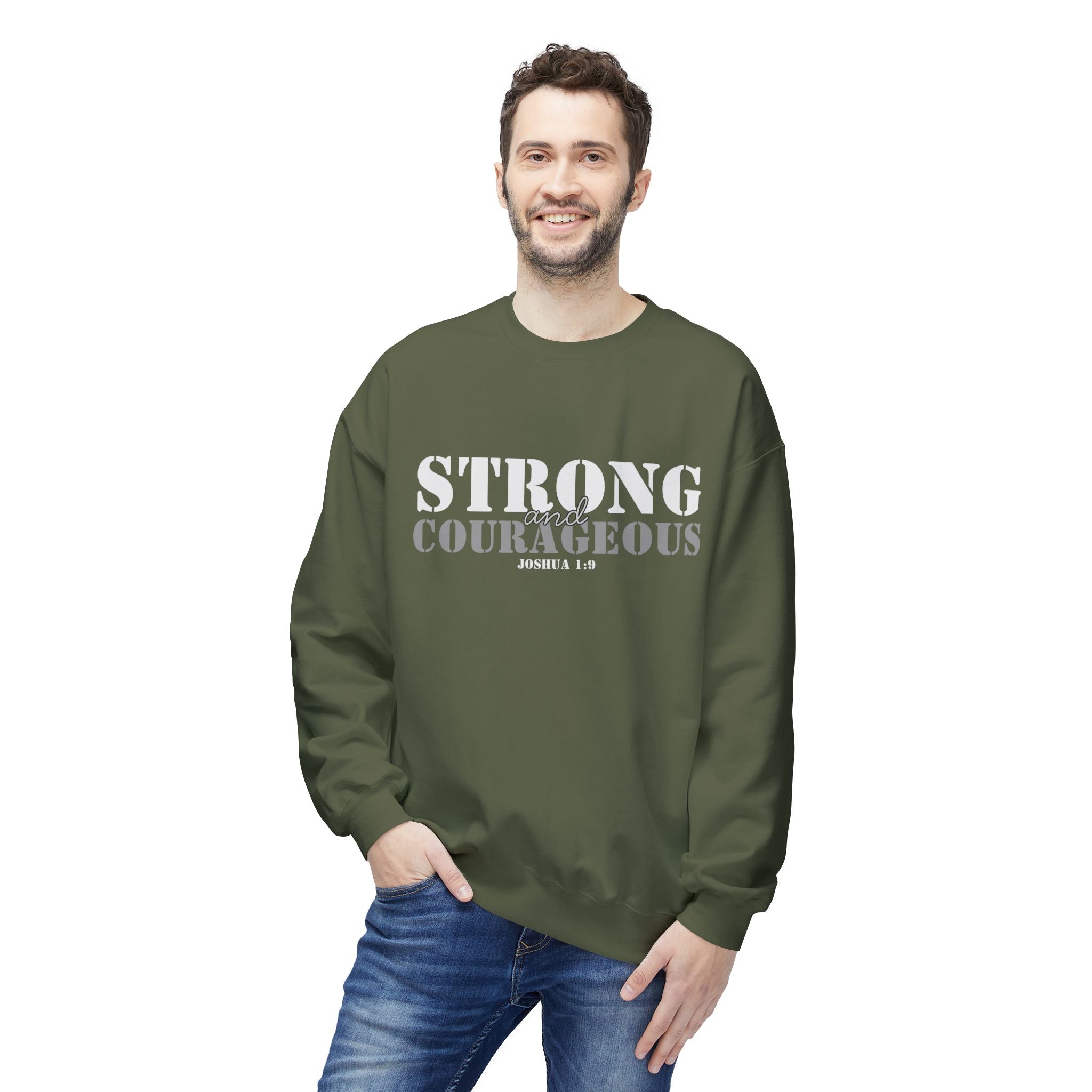 Strong & Courageous Crewneck Sweatshirt — Jeremiah 1:9 Inspirational Christian Pullover