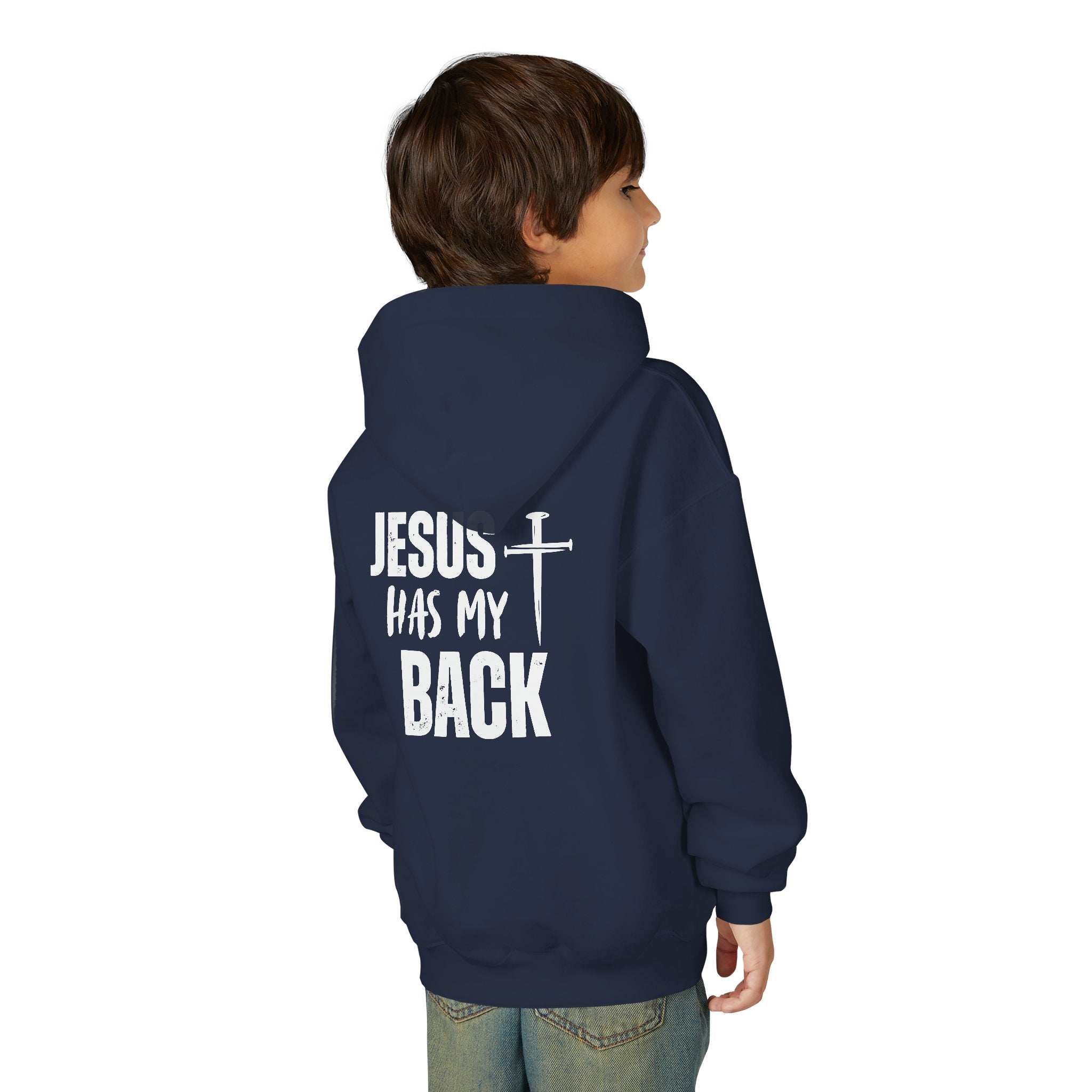 Youth Hoodie - "Jesus Has My Back" Cross Faith Graphic